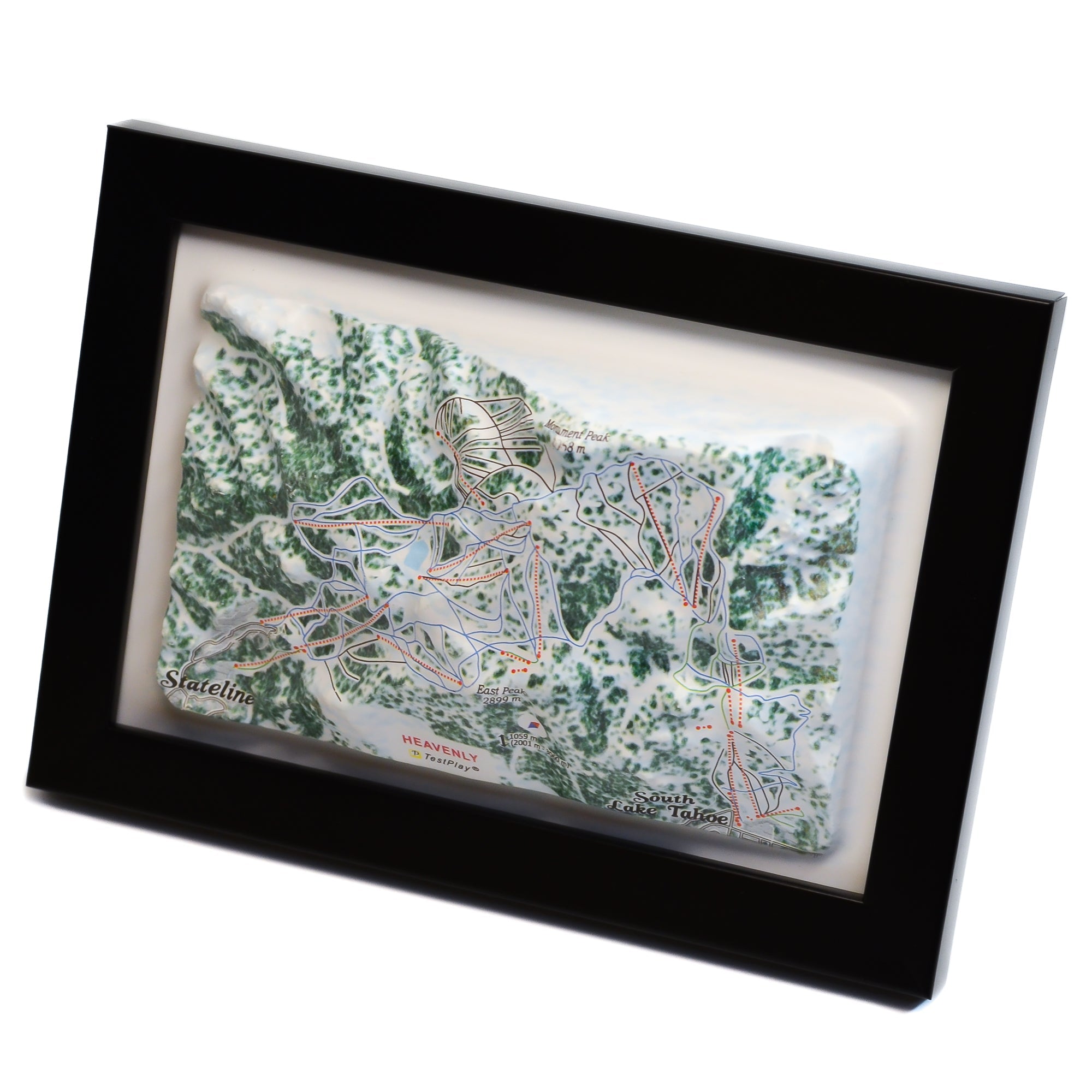 TestPlayNA 3D ski resort map of Heavenly, Lake Tahoe showing terrain, runs, and lifts