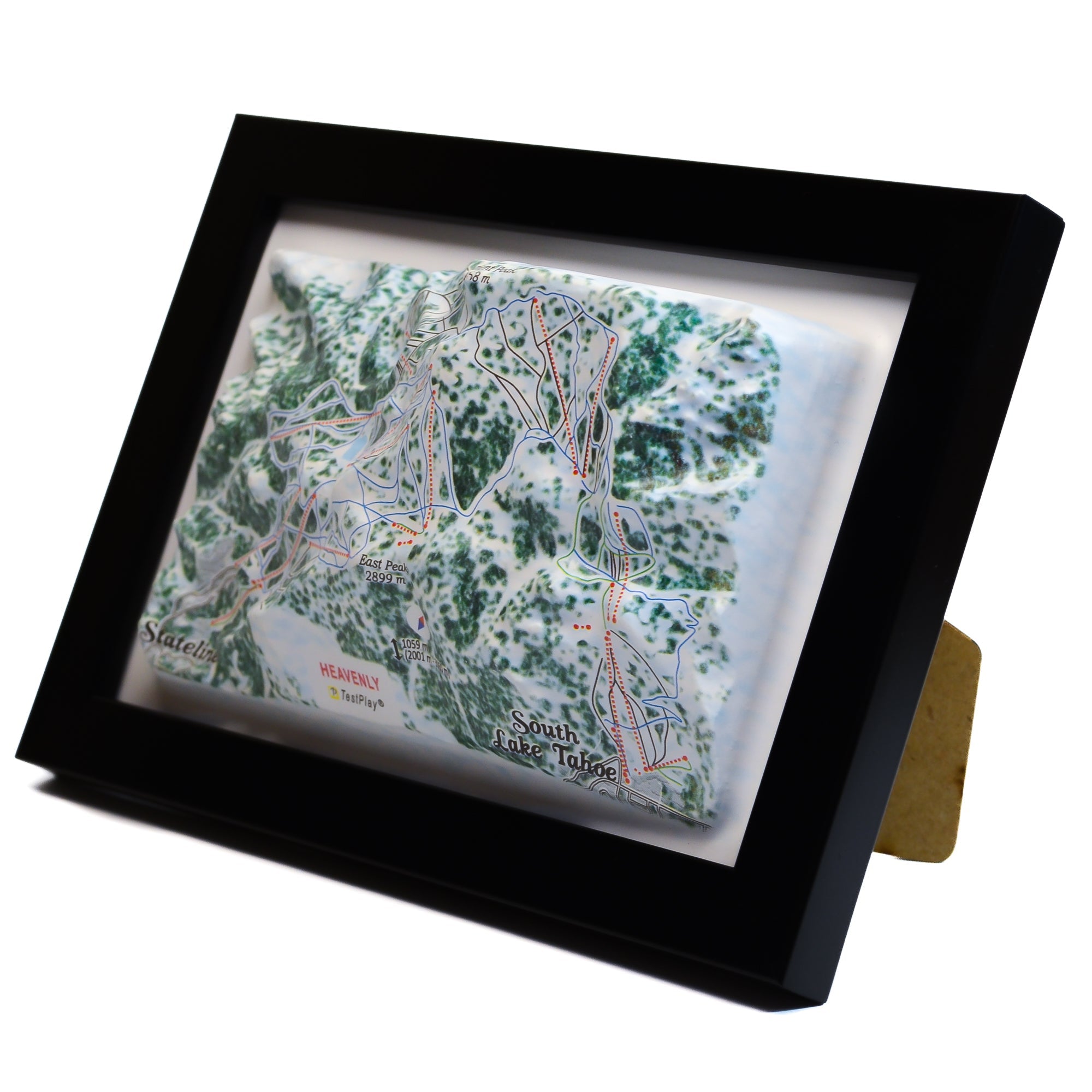 TestPlayNA 3D ski resort map of Heavenly, Lake Tahoe showing terrain, runs, and lifts