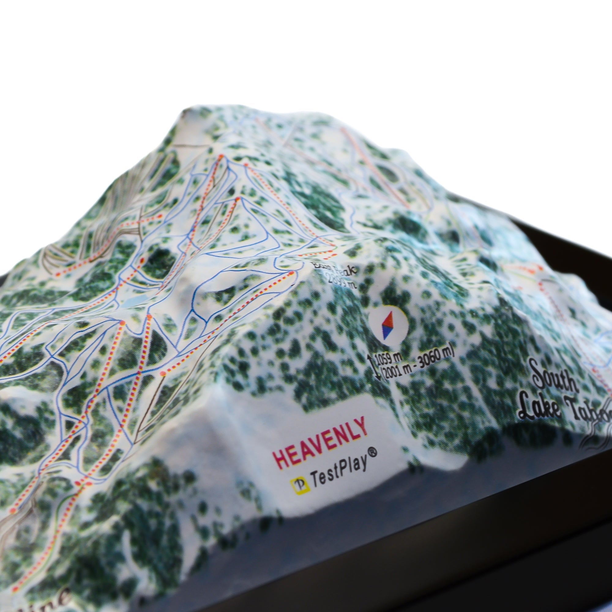TestPlayNA 3D ski resort map of Heavenly, Lake Tahoe showing terrain, runs, and lifts