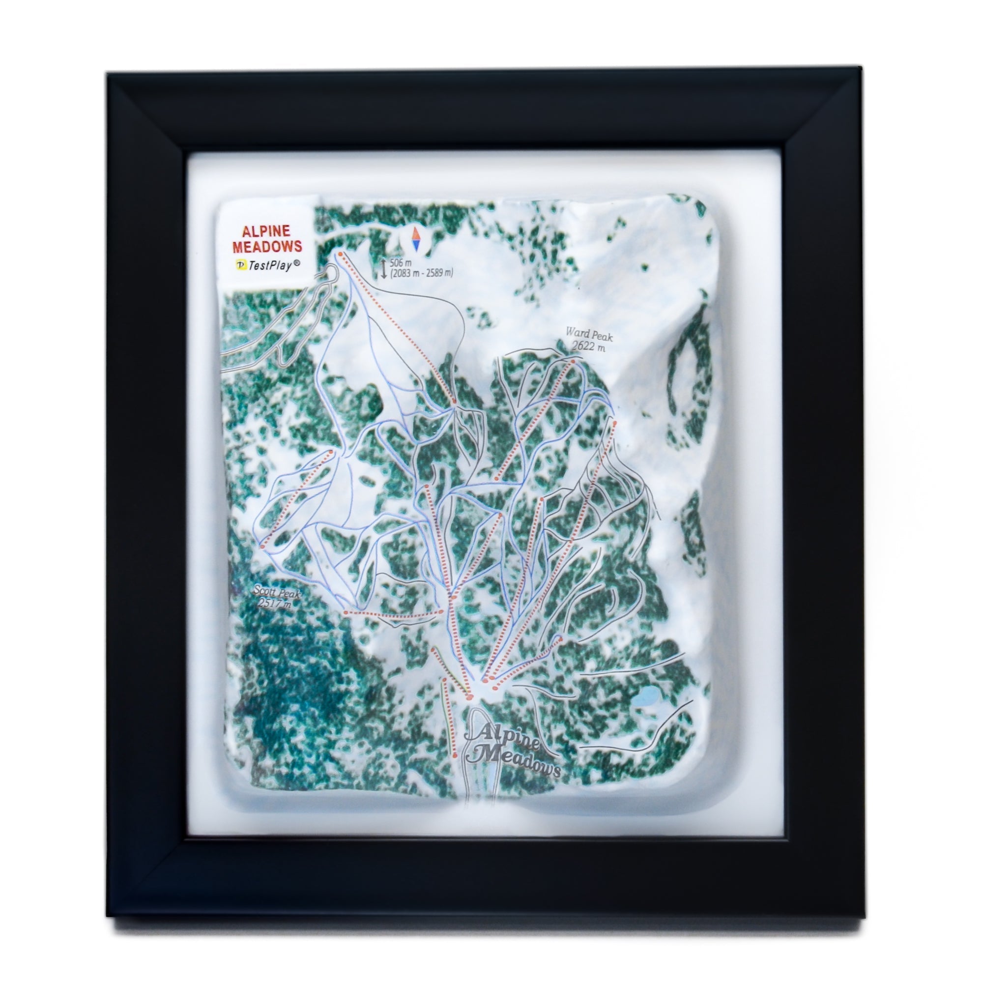 TestPlayNA 3D ski resort map of Alpine Meadows showing terrain, runs, and lifts