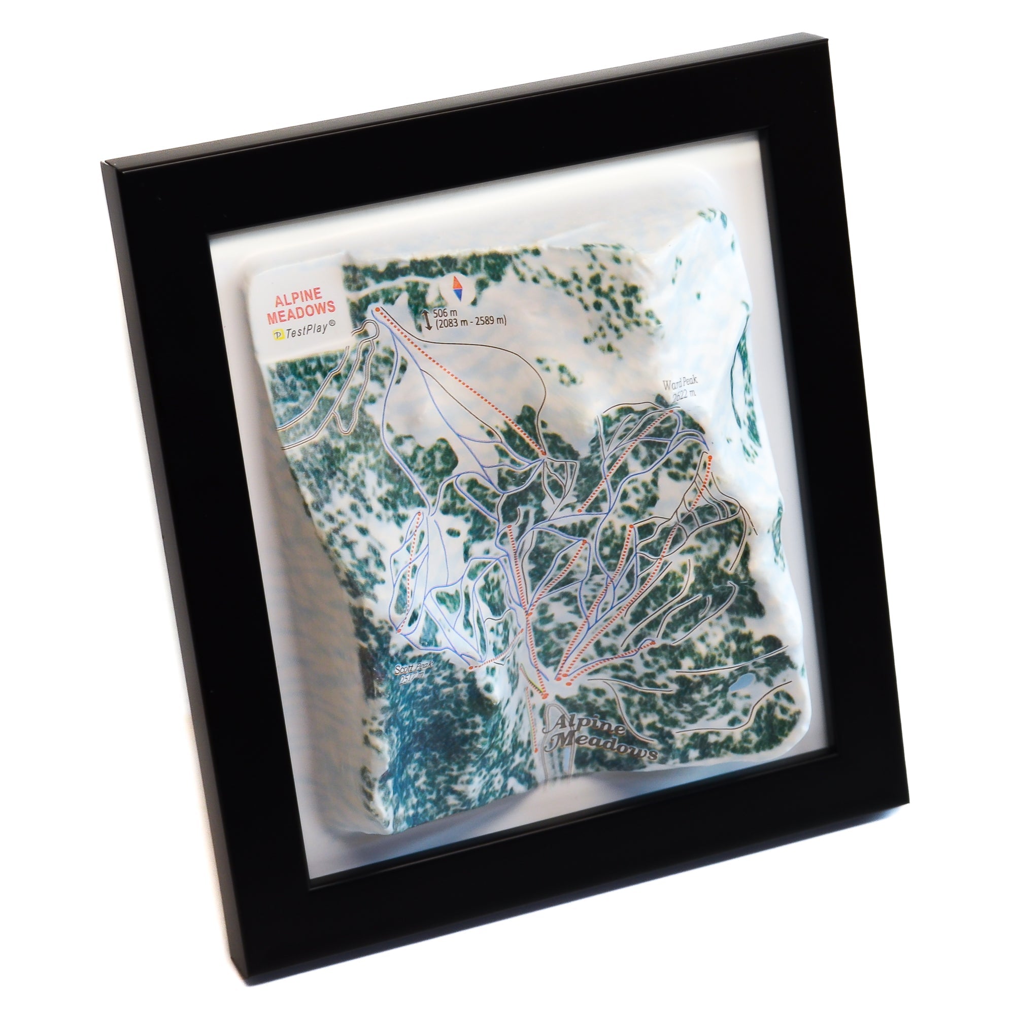 TestPlayNA 3D ski resort map of Alpine Meadows showing terrain, runs, and lifts