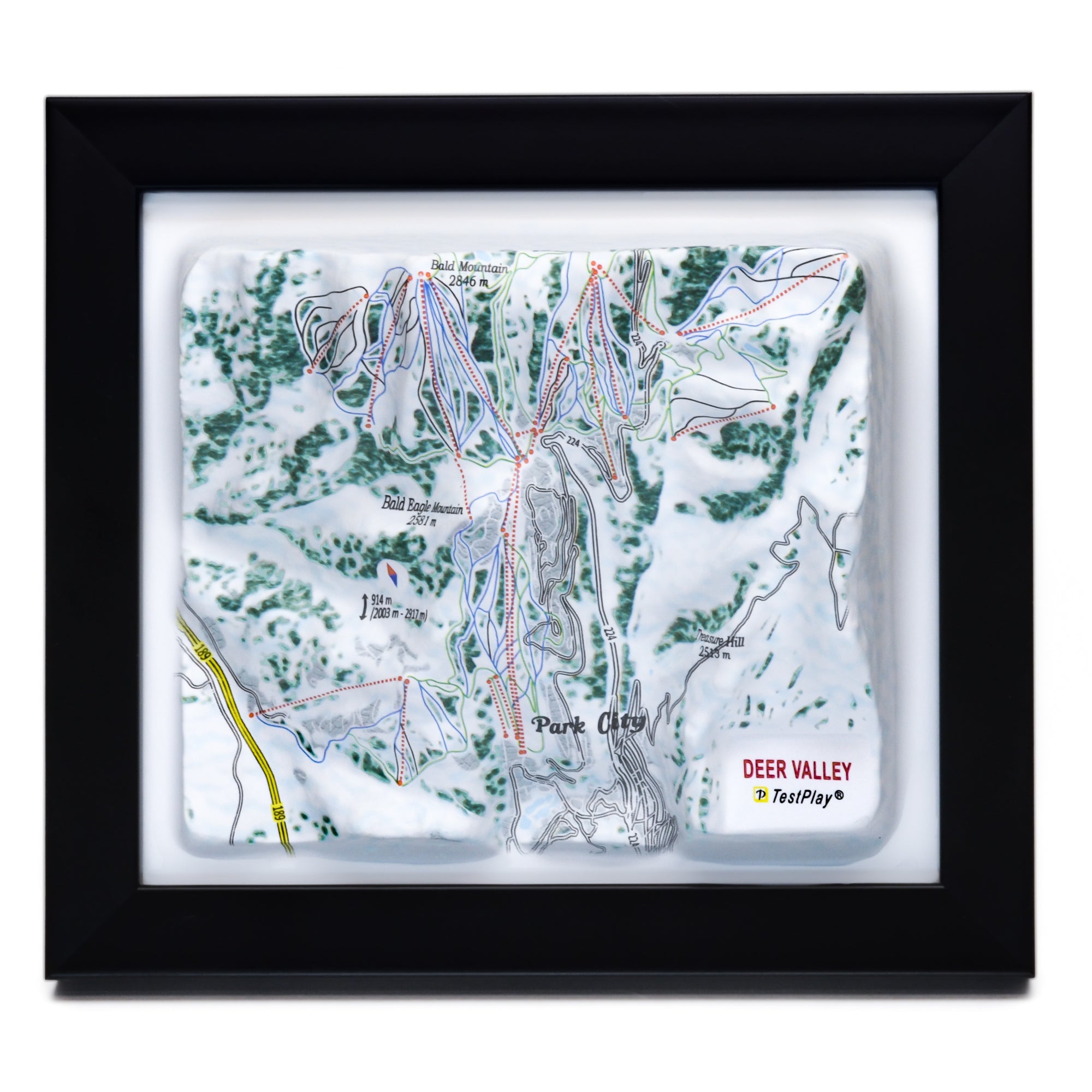 TestPlayNA 3D ski resort map of Deer Valley showing groomed trails and terrain