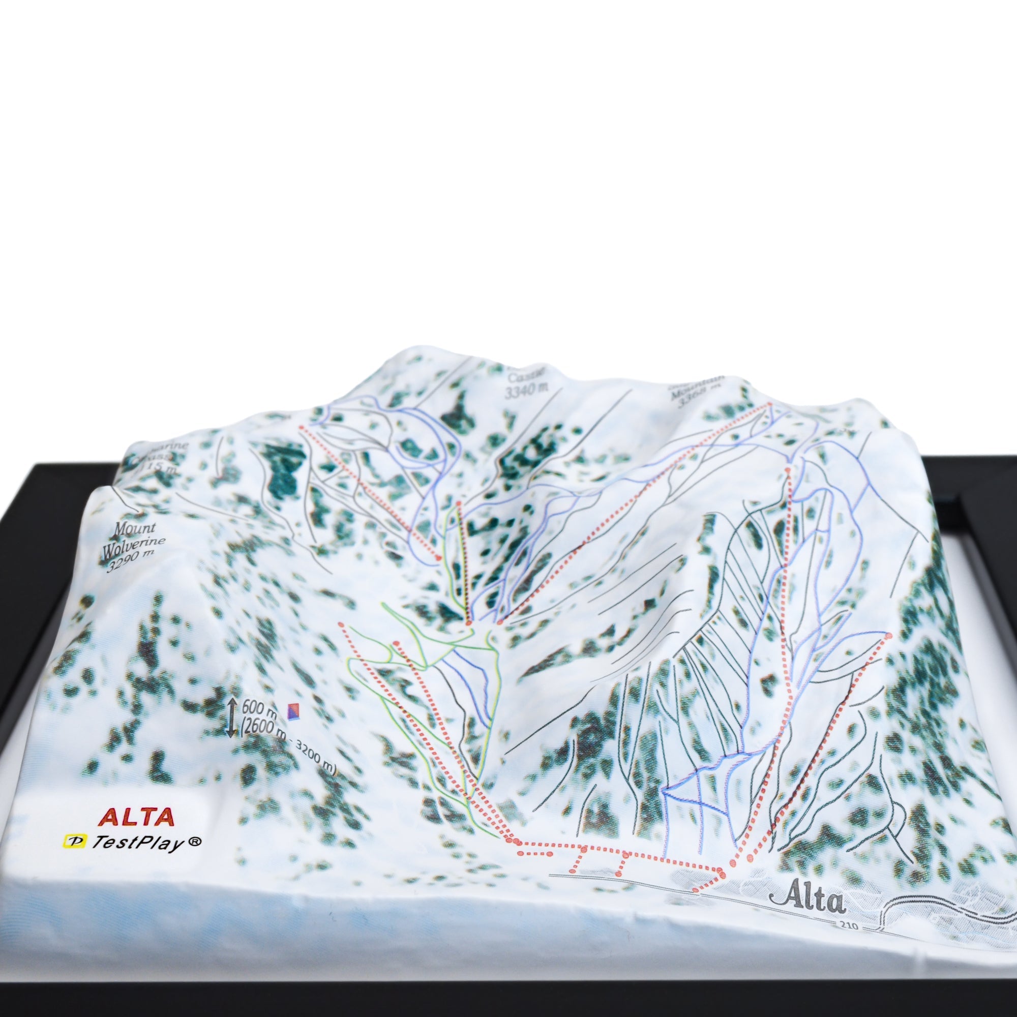 TestPlayNA 3D ski resort map of Alta showing terrain, runs, and lifts