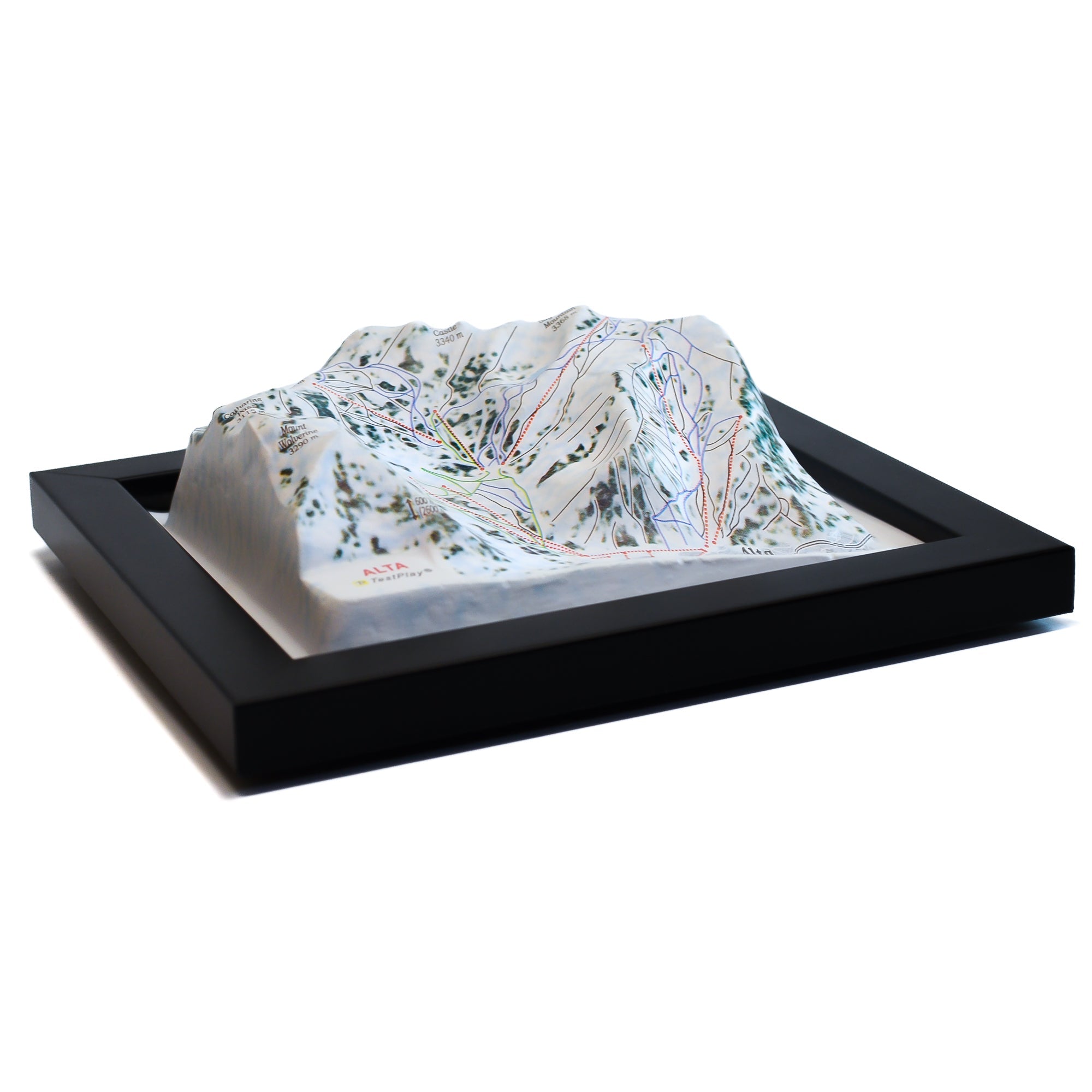 TestPlayNA 3D ski resort map of Alta showing terrain, runs, and lifts