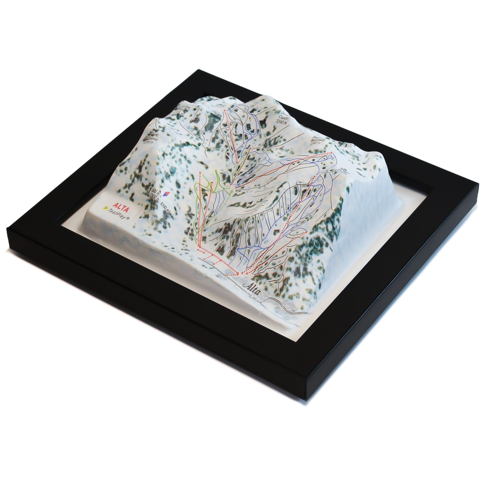 TestPlayNA 3D ski resort map of Alta showing terrain, runs, and lifts