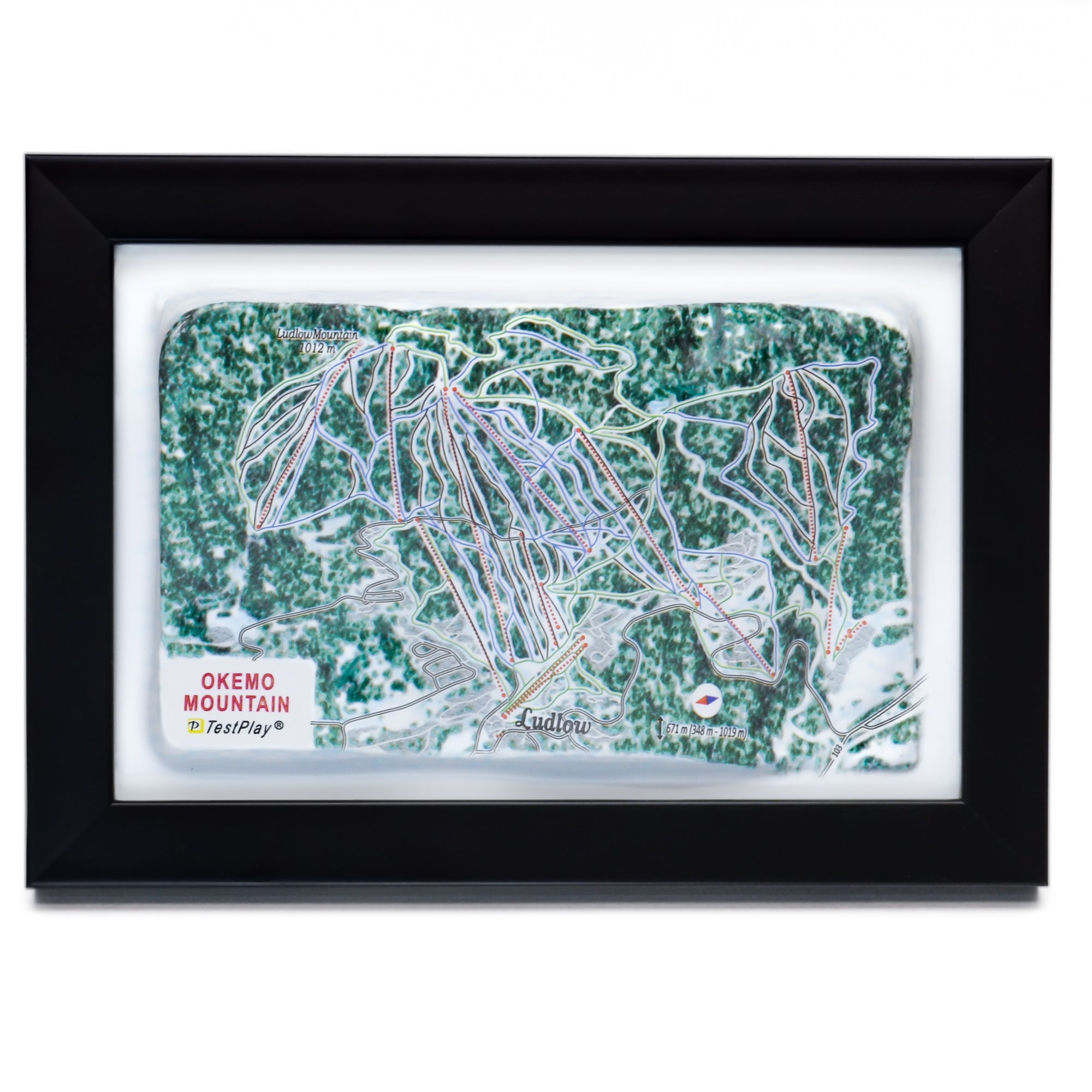 TestPlayNA 3D ski resort map of Okemo Mountain showing terrain, trails, and lifts