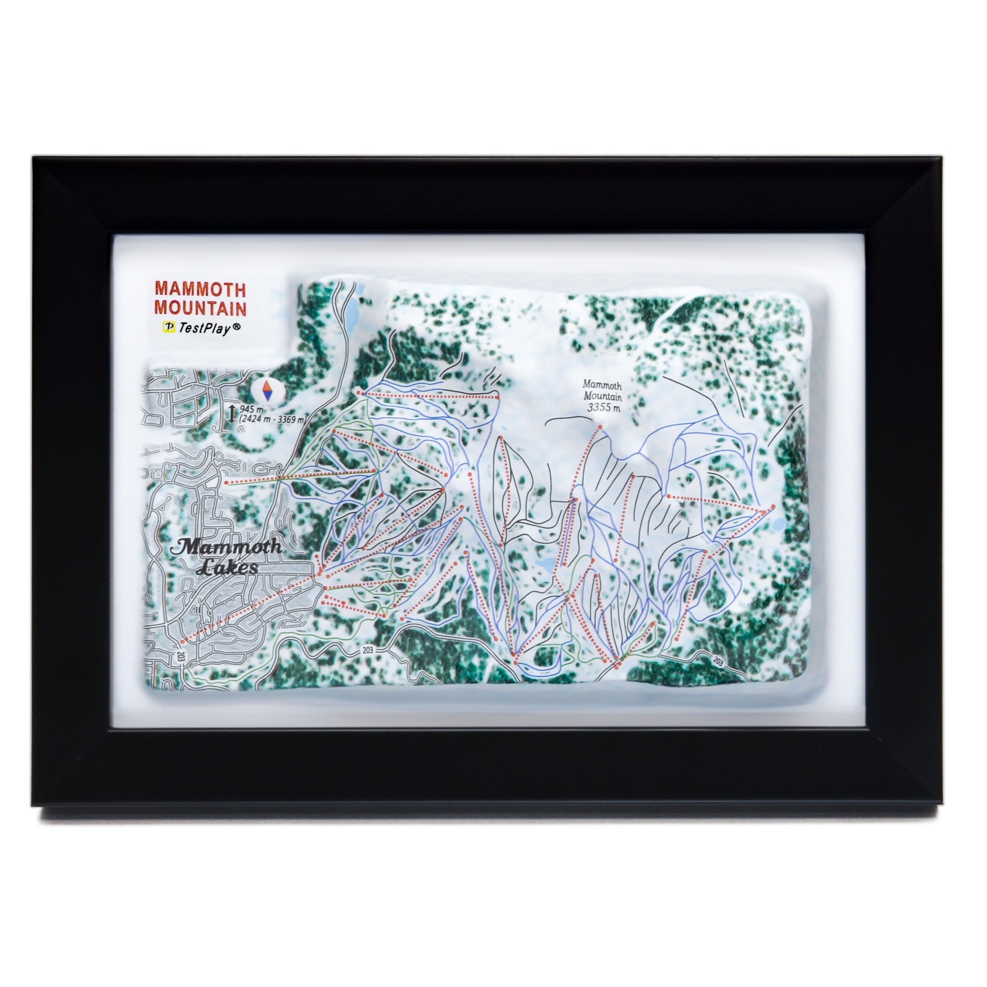 TestPlayNA 3D ski resort map of Mammoth Mountain showing mountains, terrain, and lifts