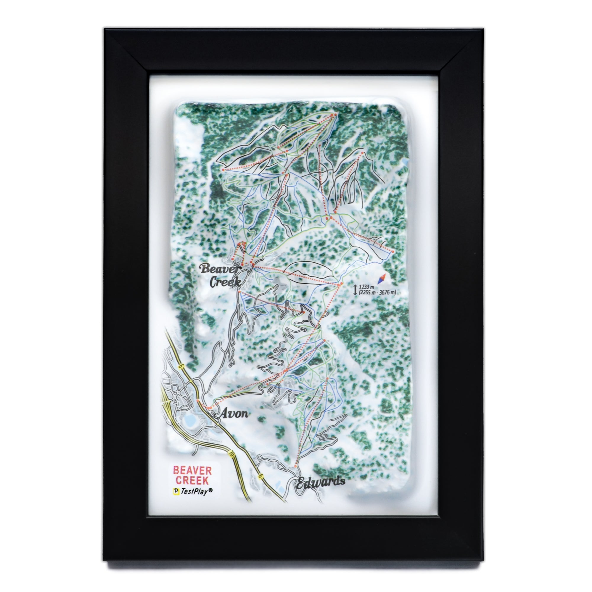 TestPlayNA 3D ski resort map of Beaver Creek showing terrain, winding trails, and lifts