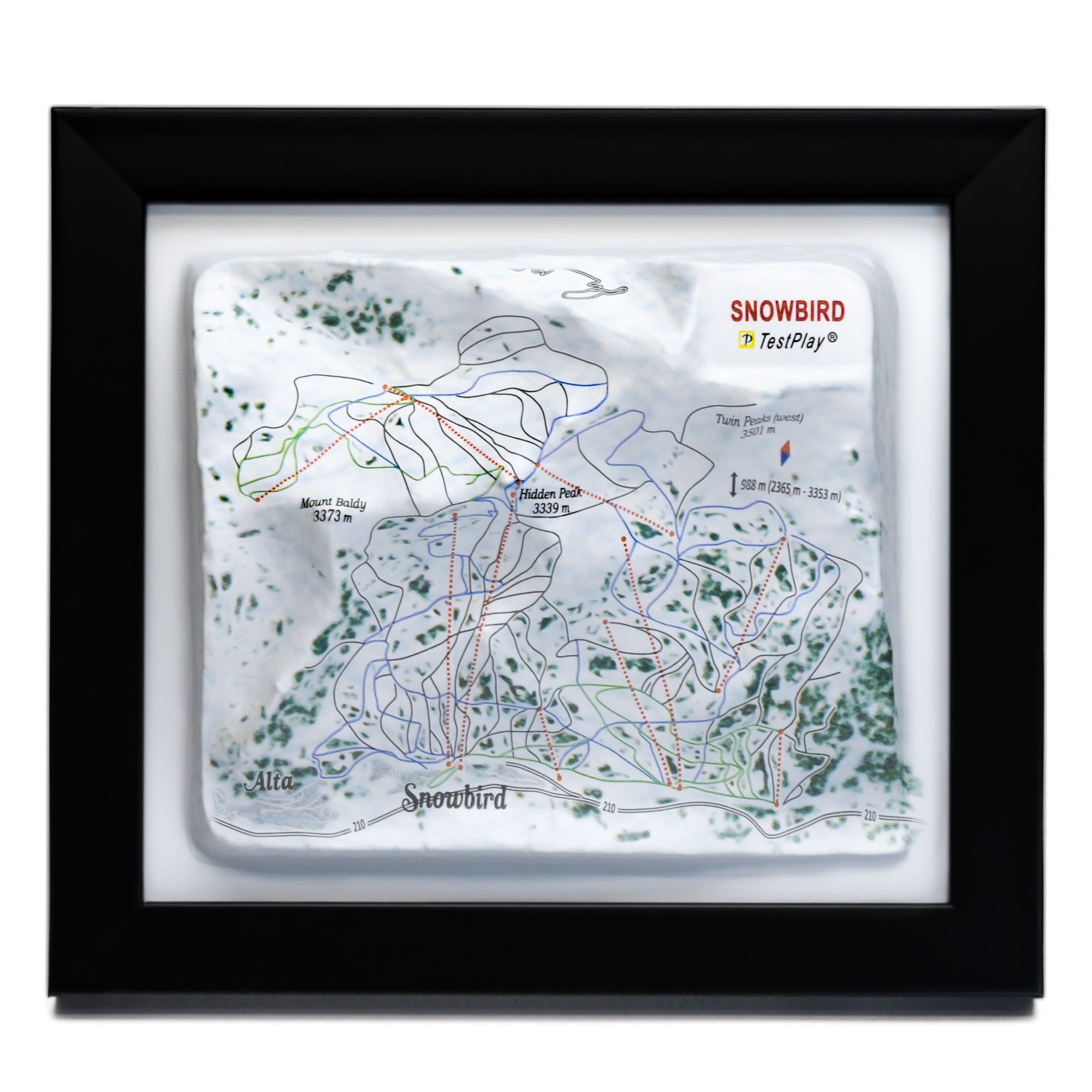TestPlayNA 3D ski resort map of Snowbird showing mountains, terrain, and lifts