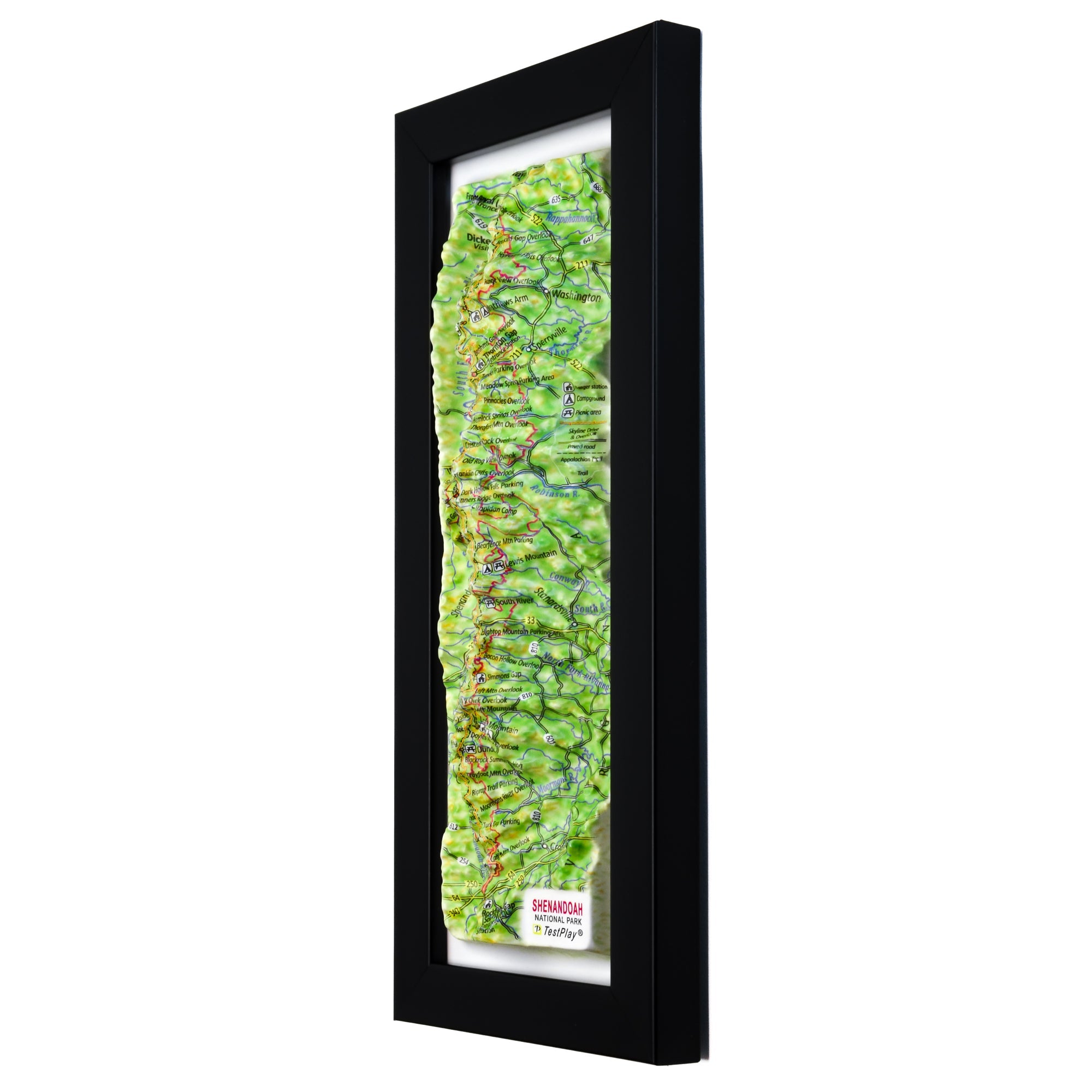 TestPlayNA 3D raised relief map of Shenandoah National Park showing the Blue Ridge Mountains and Skyline Drive