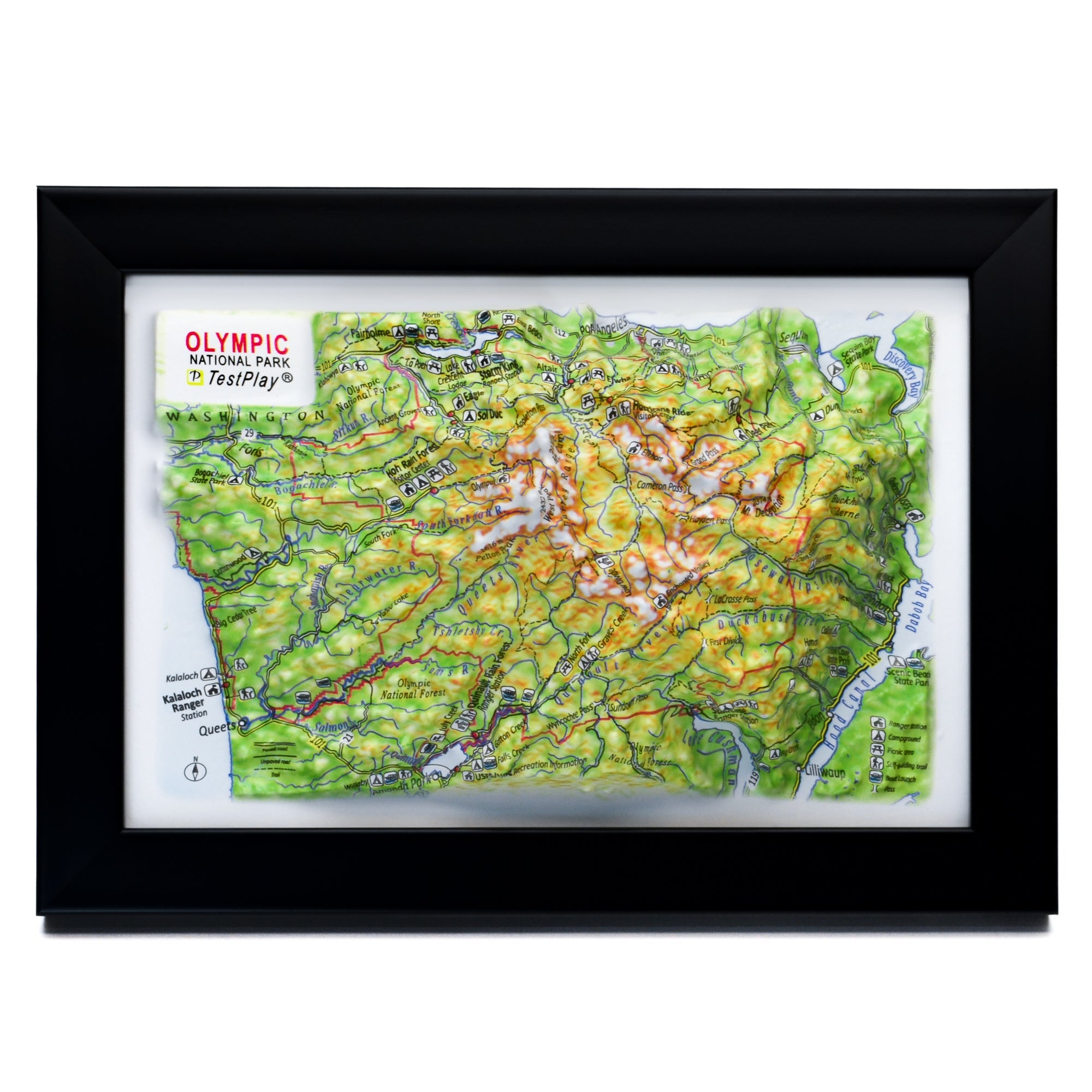 TestPlayNA 3D raised relief map of Olympic National Park showing coastline, rainforest, and mountains