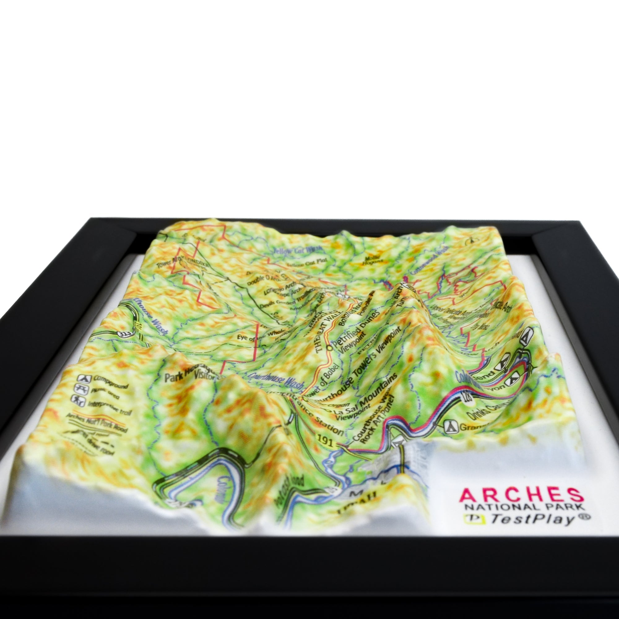 TestPlayNA 3D raised relief map of Arches National Park showing sandstone arches and terrain