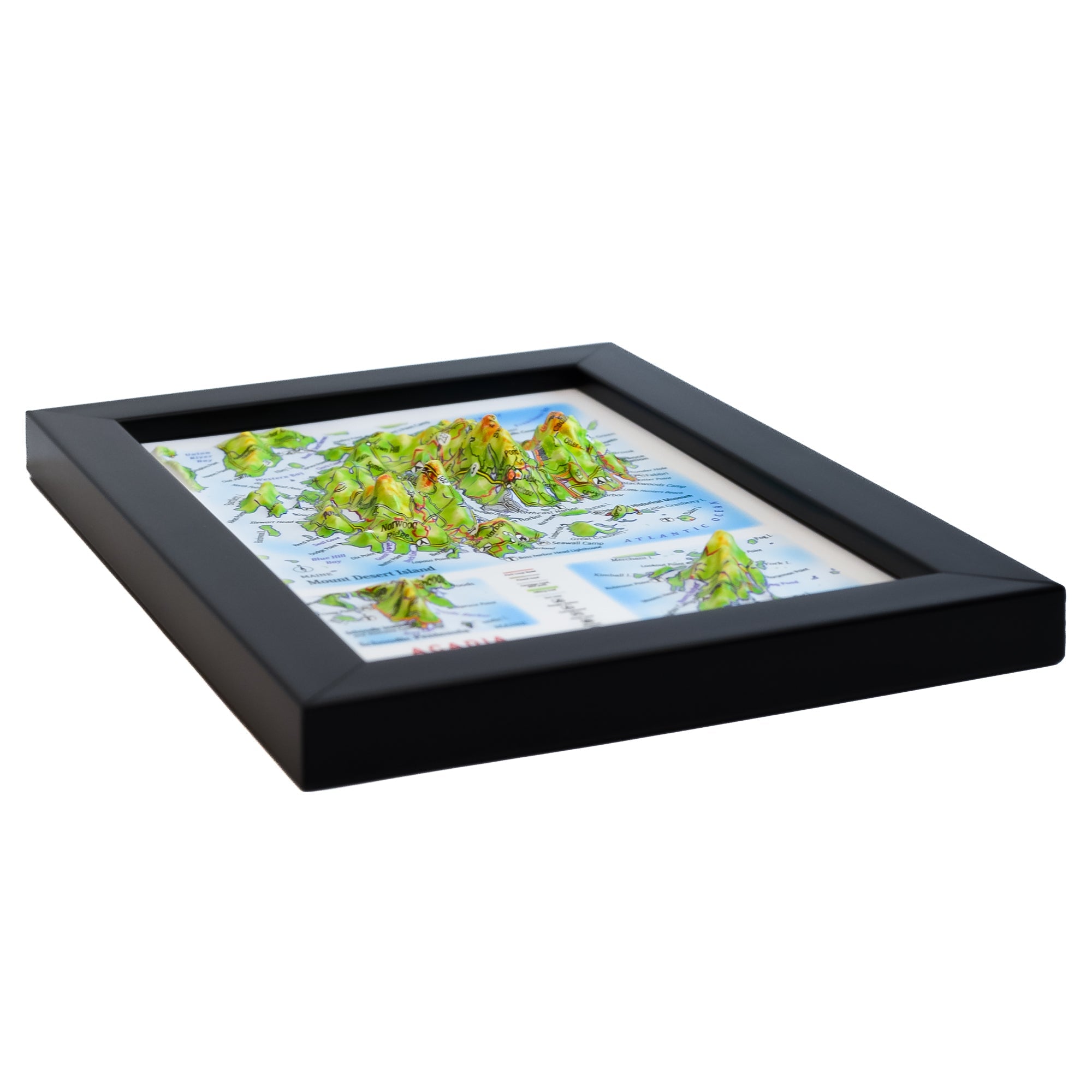 TestPlayNA 3D raised relief map of Acadia National Park showing mountains, coastline, and lakes