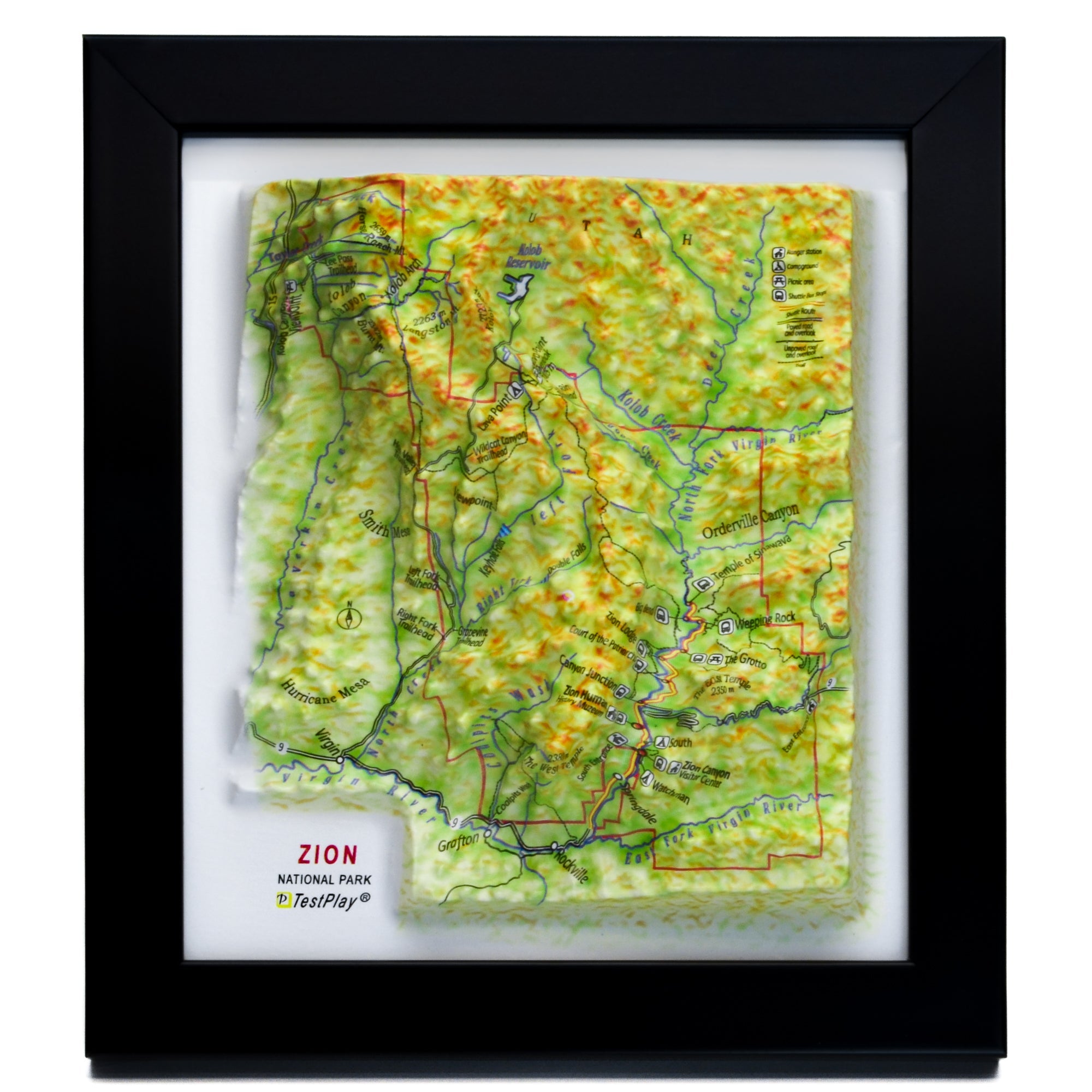 TestPlayNA 3D raised relief map of Zion National Park showing canyons and the Virgin River