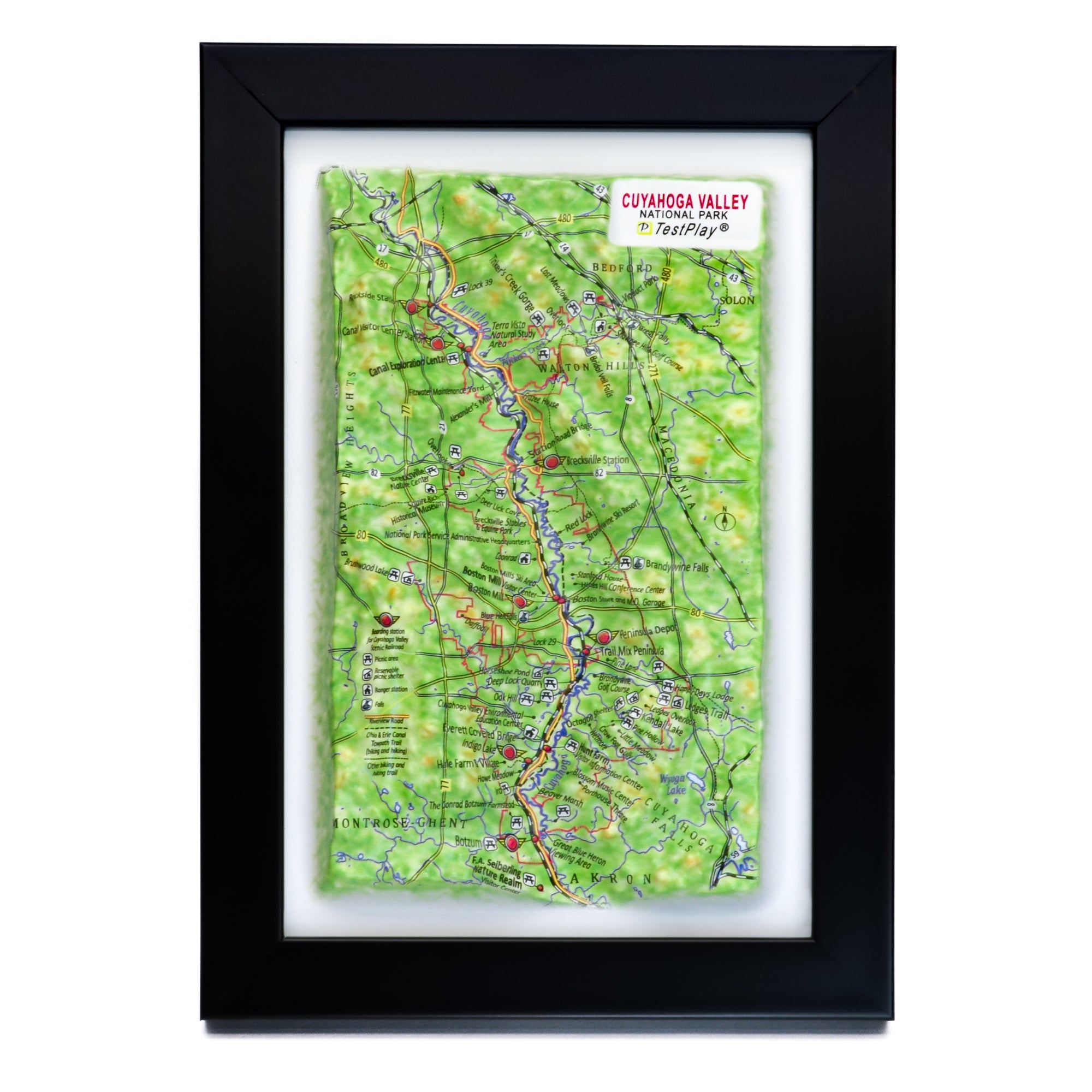 TestPlayNA 3D raised relief map of Cuyahoga Valley National Park showing the river and falls