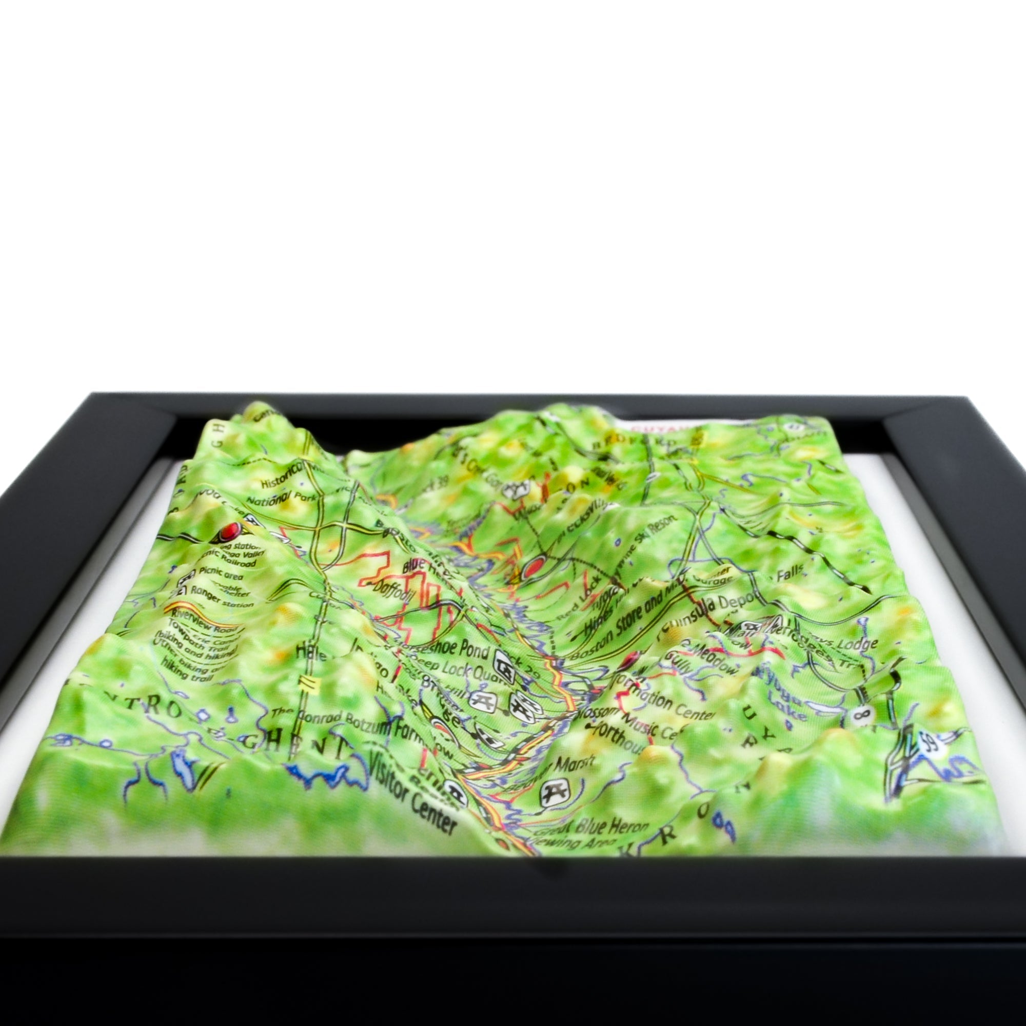 TestPlayNA 3D raised relief map of Cuyahoga Valley National Park showing the river and falls