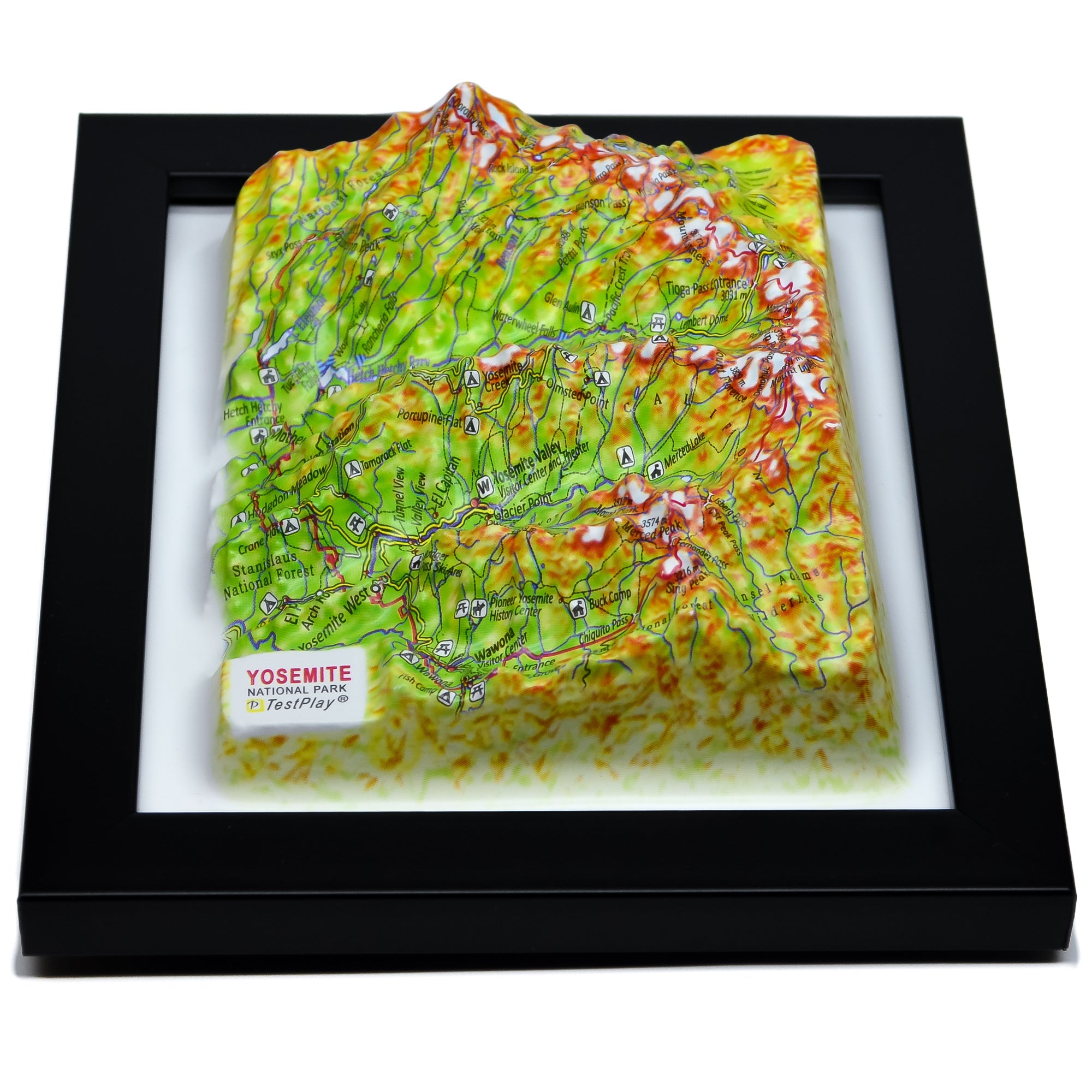 TestPlayNA 3D raised relief map of Yosemite National Park showing El Capitan, Half Dome, and waterfalls