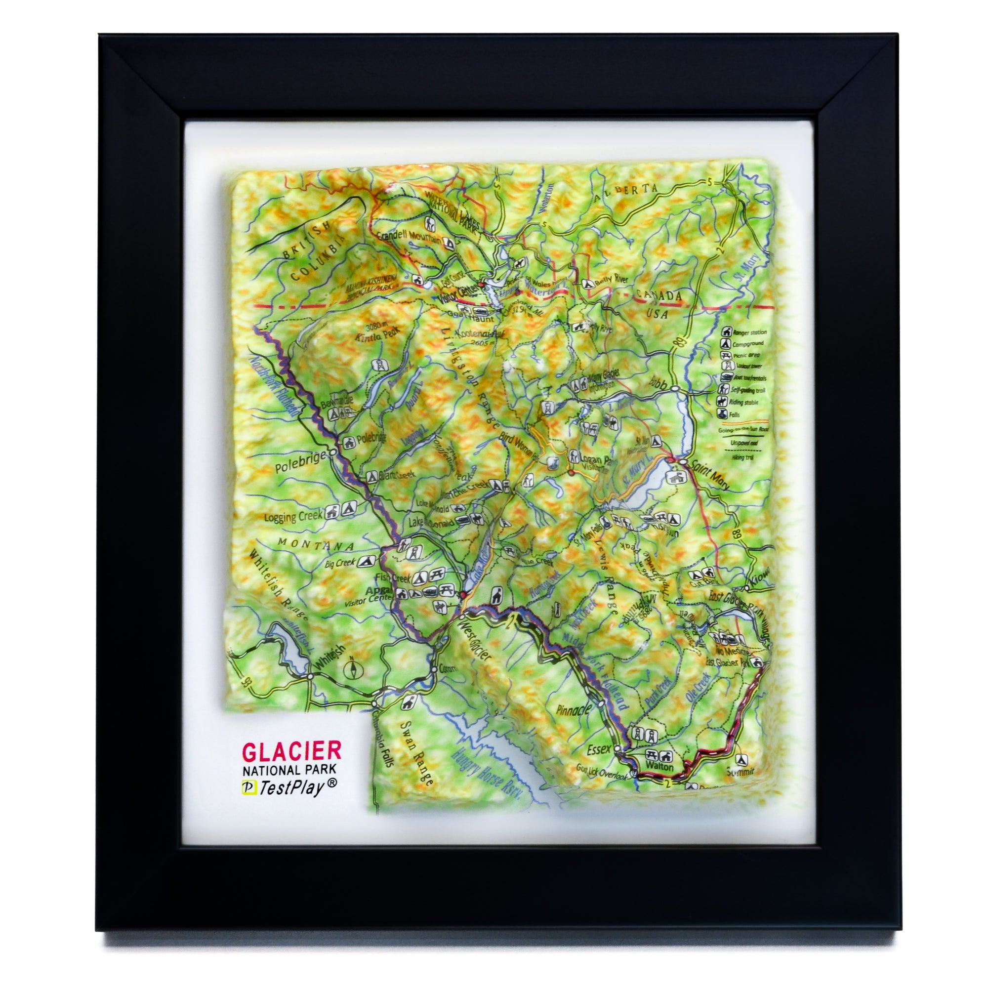 TestPlayNA 3D raised relief map of Glacier National Park showing lakes, valleys, and glaciers