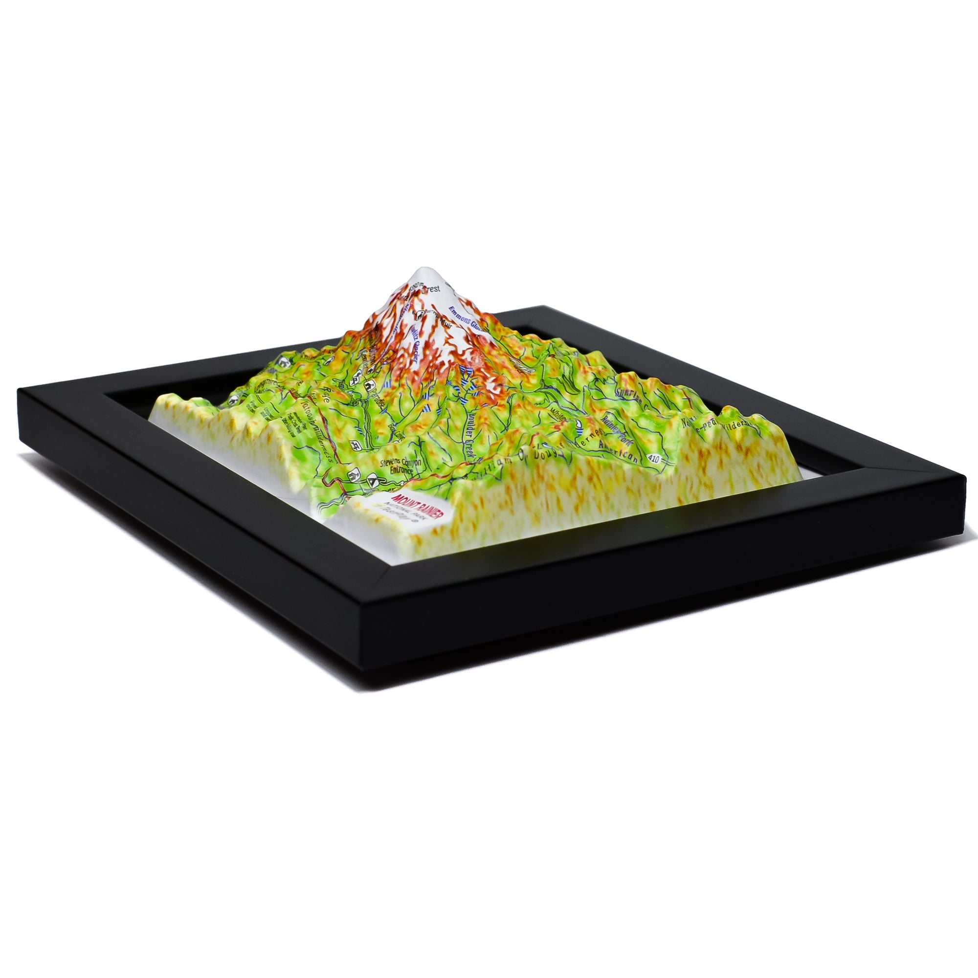 TestPlayNA 3D raised relief map of Mount Rainier National Park showing the volcano, glaciers, and surrounding terrain