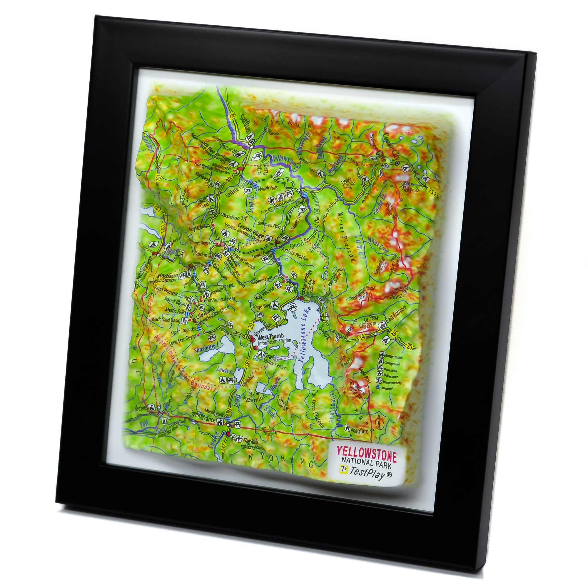 TestPlayNA 3D raised relief map of Yellowstone National Park showing canyons, lakes, and volcanic terrain