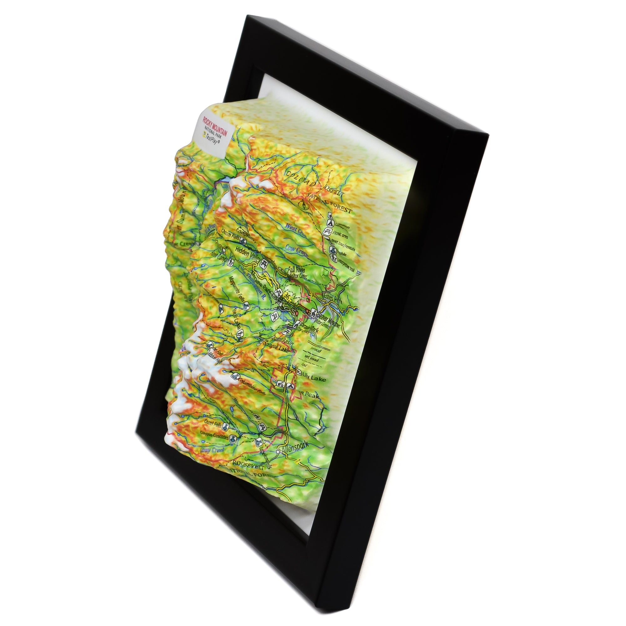 TestPlayNA 3D raised relief map of Rocky Mountain National Park showing mountains, lakes, and trails