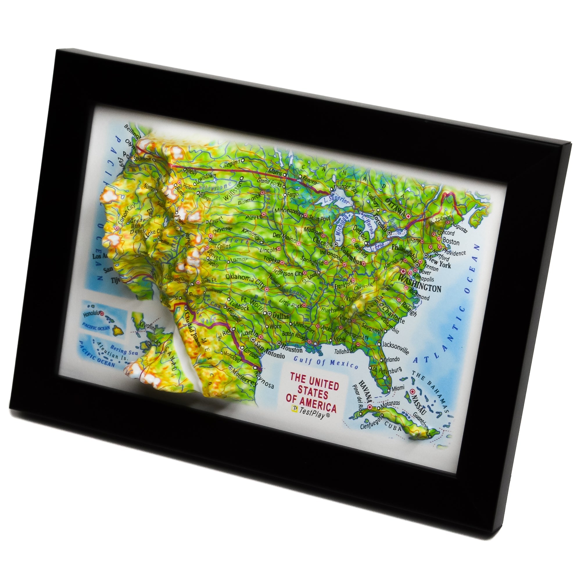 TestPlayNA 3D raised relief map of the USA showing mountain ranges, plains, and rivers