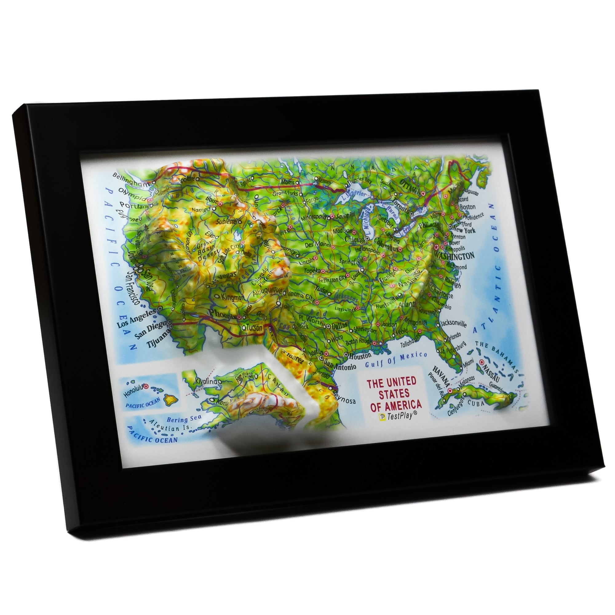 TestPlayNA 3D raised relief map of the USA showing mountain ranges, plains, and rivers