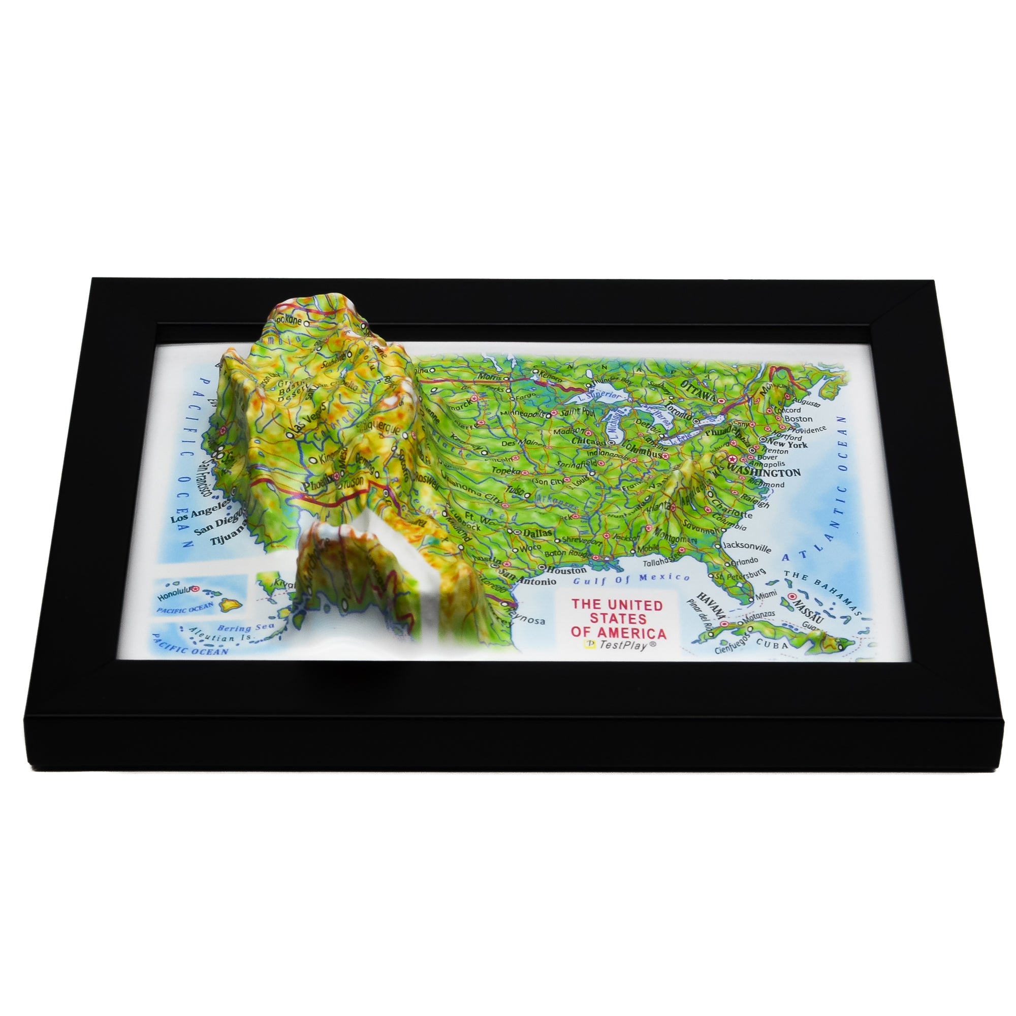 TestPlayNA 3D raised relief map of the USA showing mountain ranges, plains, and rivers