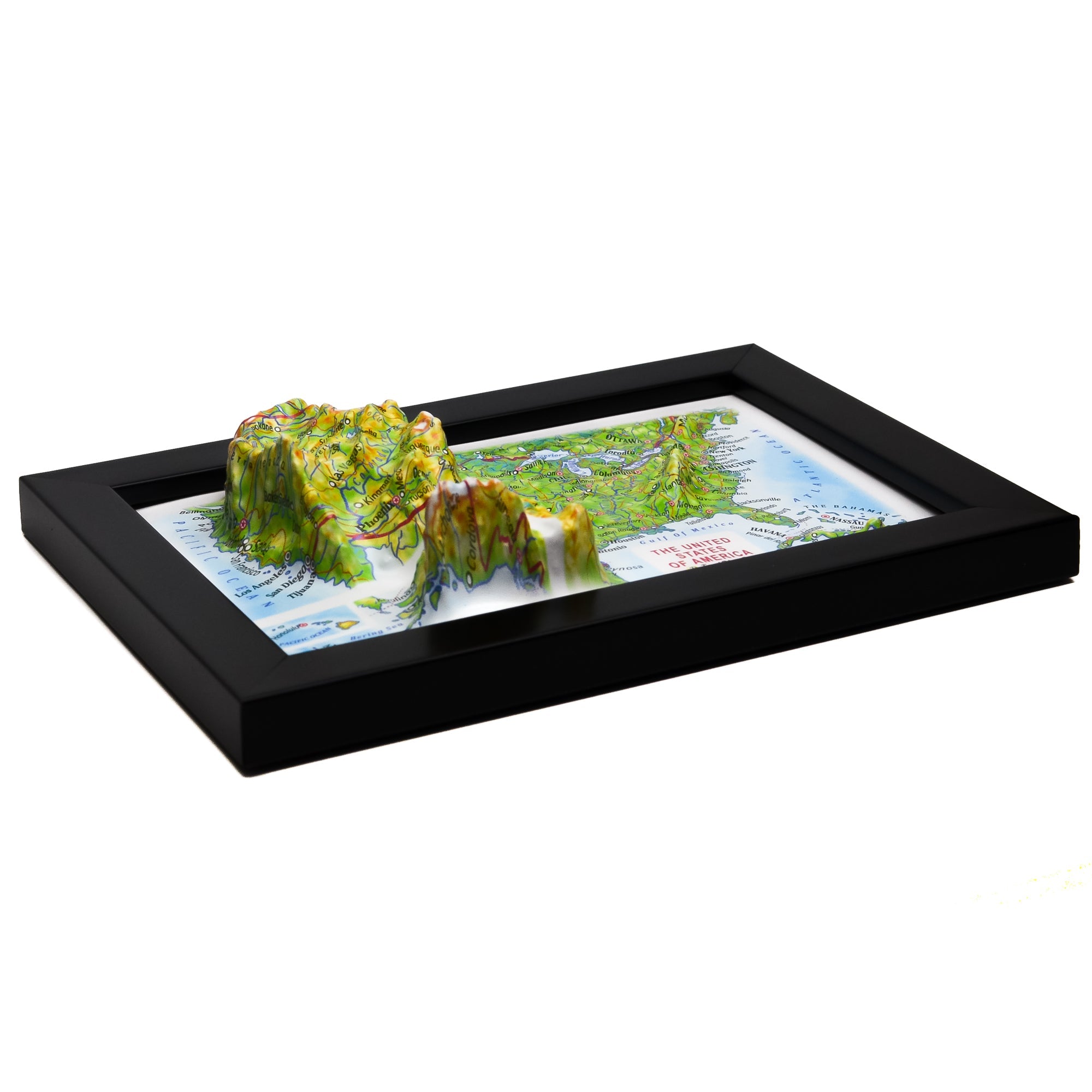 TestPlayNA 3D raised relief map of the USA showing mountain ranges, plains, and rivers