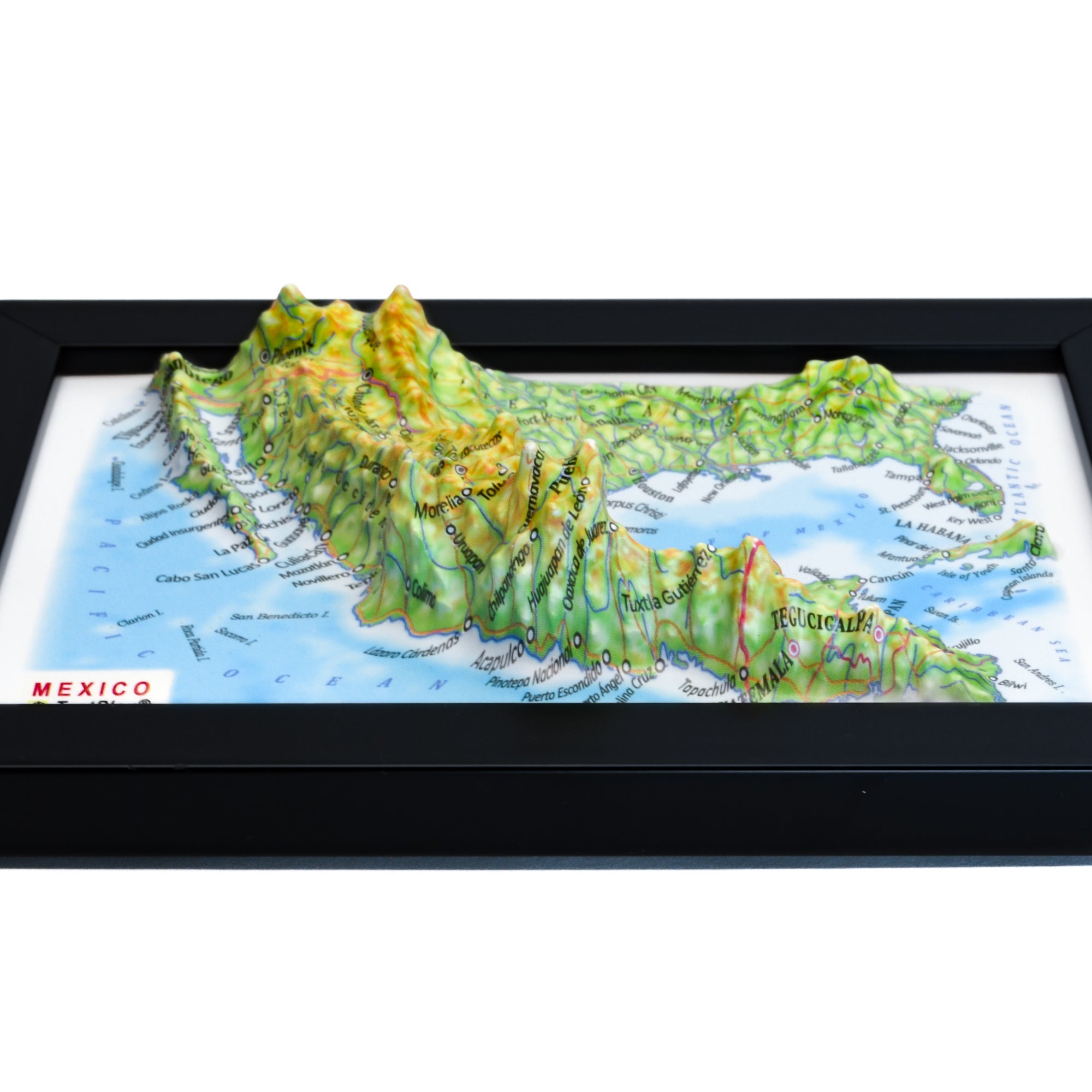 TestPlayNA 3D map of Mexico showing mountain ranges, valleys, and coastlines.