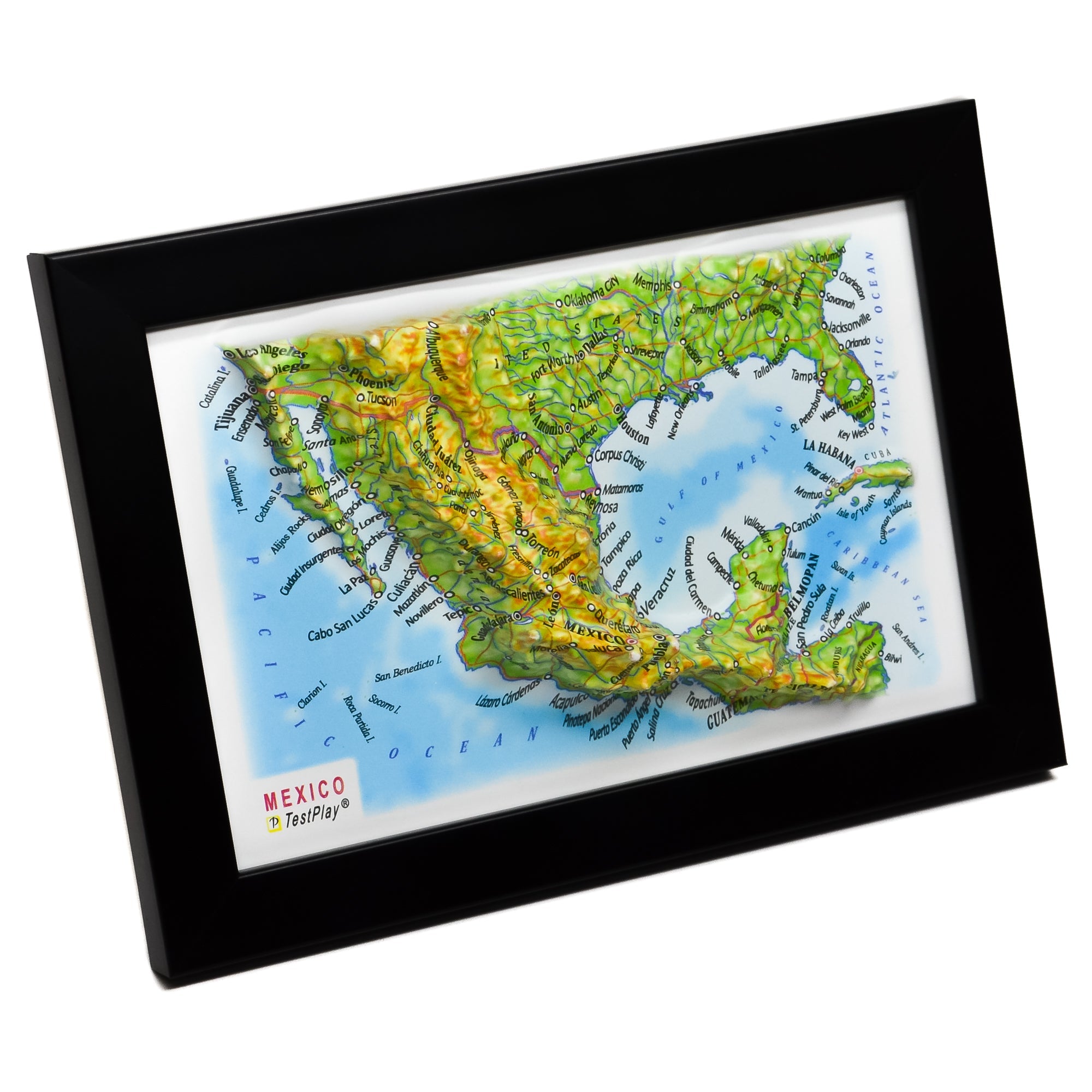 TestPlayNA 3D map of Mexico showing mountain ranges, valleys, and coastlines.