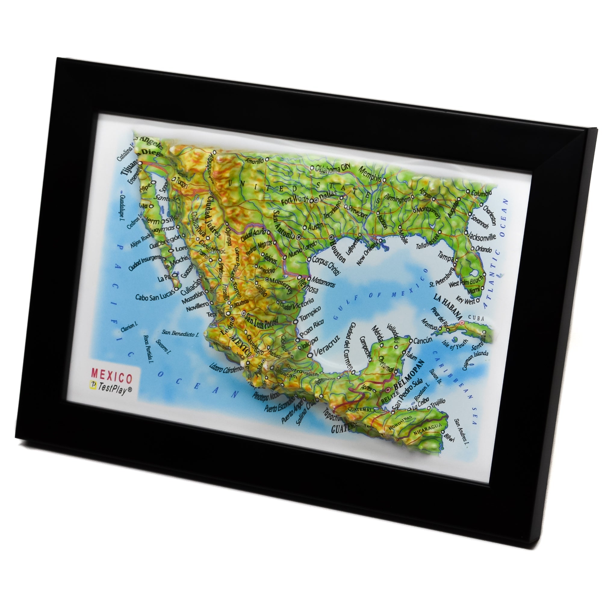 TestPlayNA 3D map of Mexico showing mountain ranges, valleys, and coastlines.