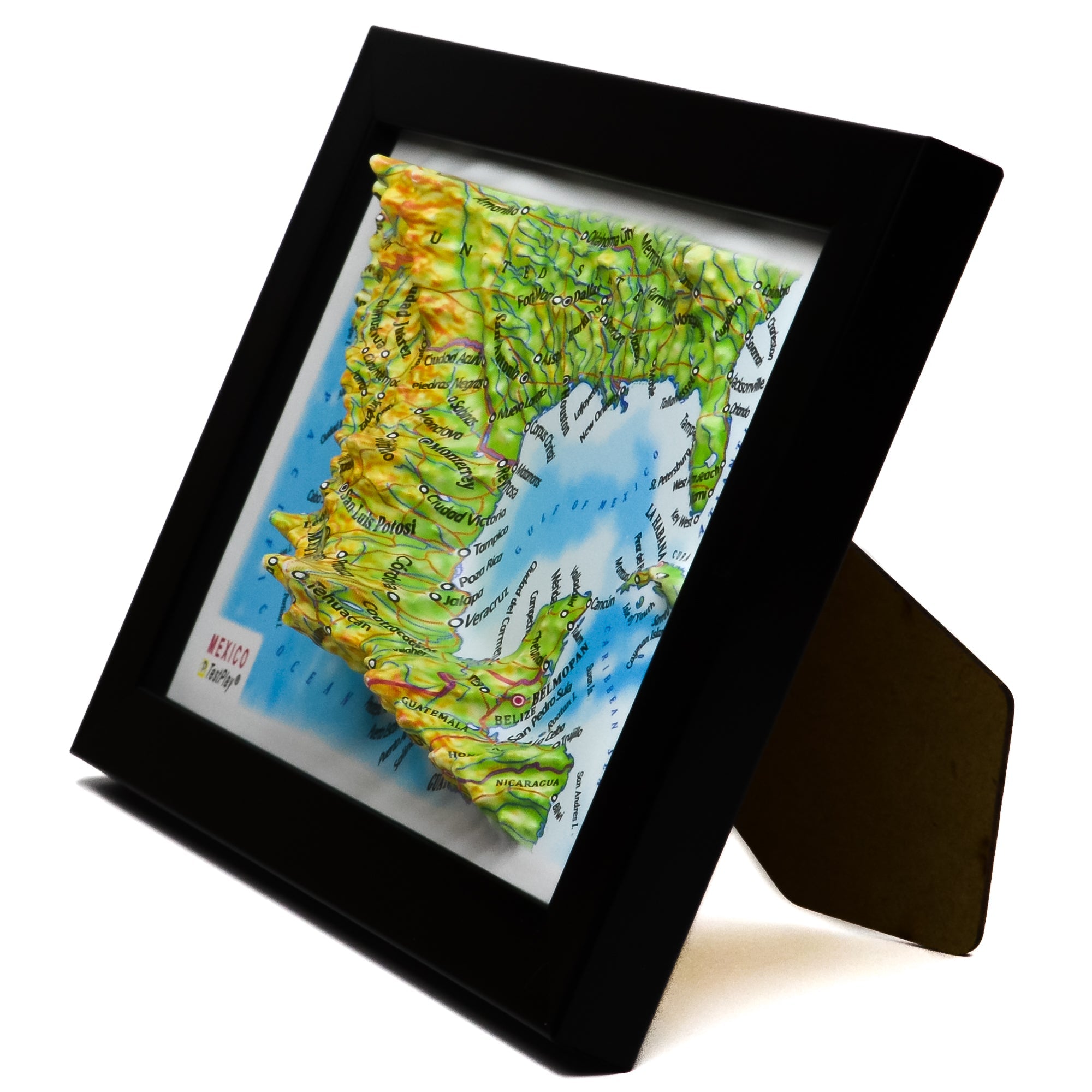 TestPlayNA 3D map of Mexico showing mountain ranges, valleys, and coastlines.