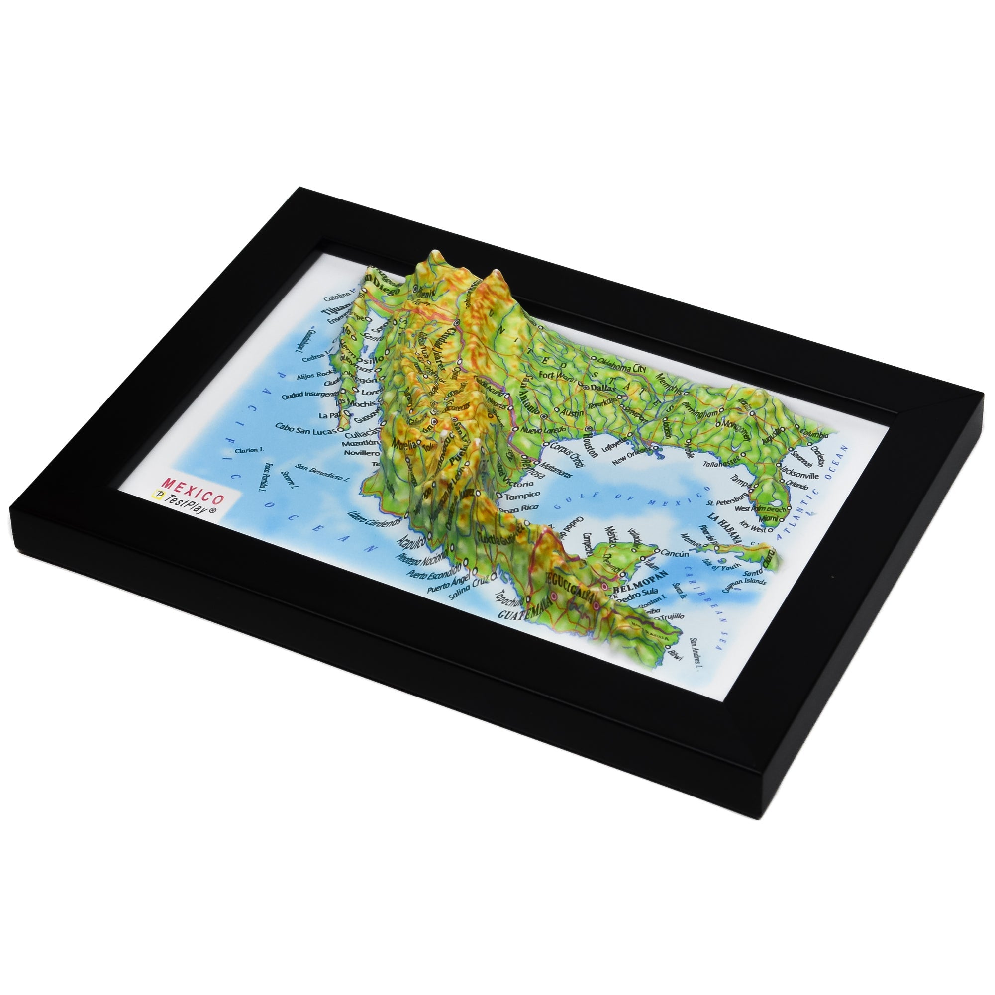 TestPlayNA 3D map of Mexico showing mountain ranges, valleys, and coastlines.