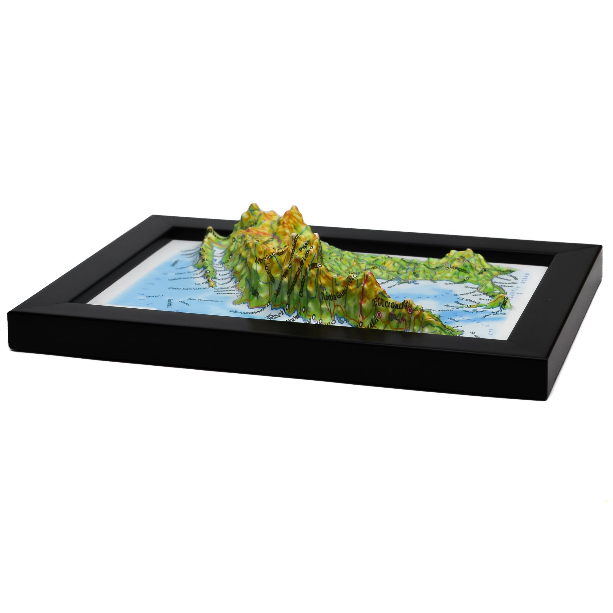 TestPlayNA 3D map of Mexico showing mountain ranges, valleys, and coastlines.