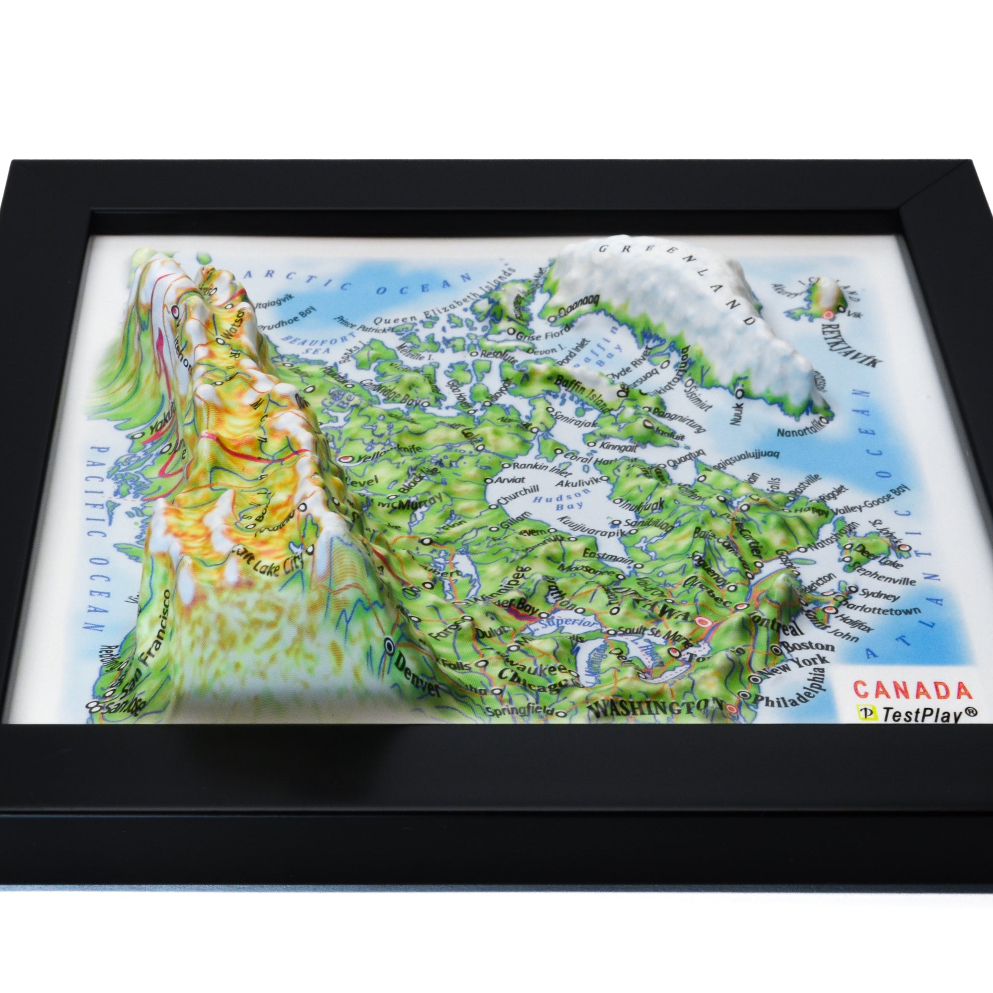 TestPlayNA 3D raised relief map of Canada showing mountains, lakes, and rivers