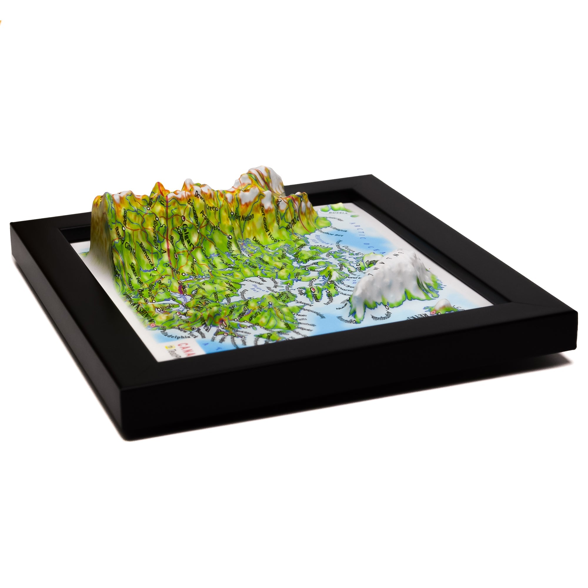 TestPlayNA 3D raised relief map of Canada showing mountains, lakes, and rivers