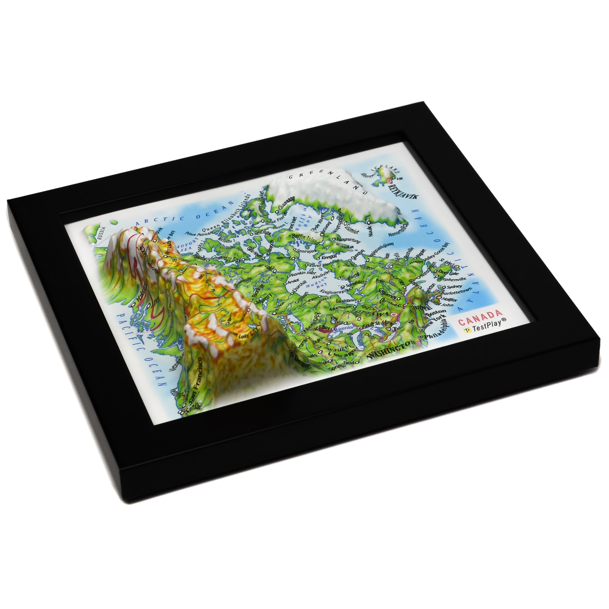 TestPlayNA 3D raised relief map of Canada showing mountains, lakes, and rivers