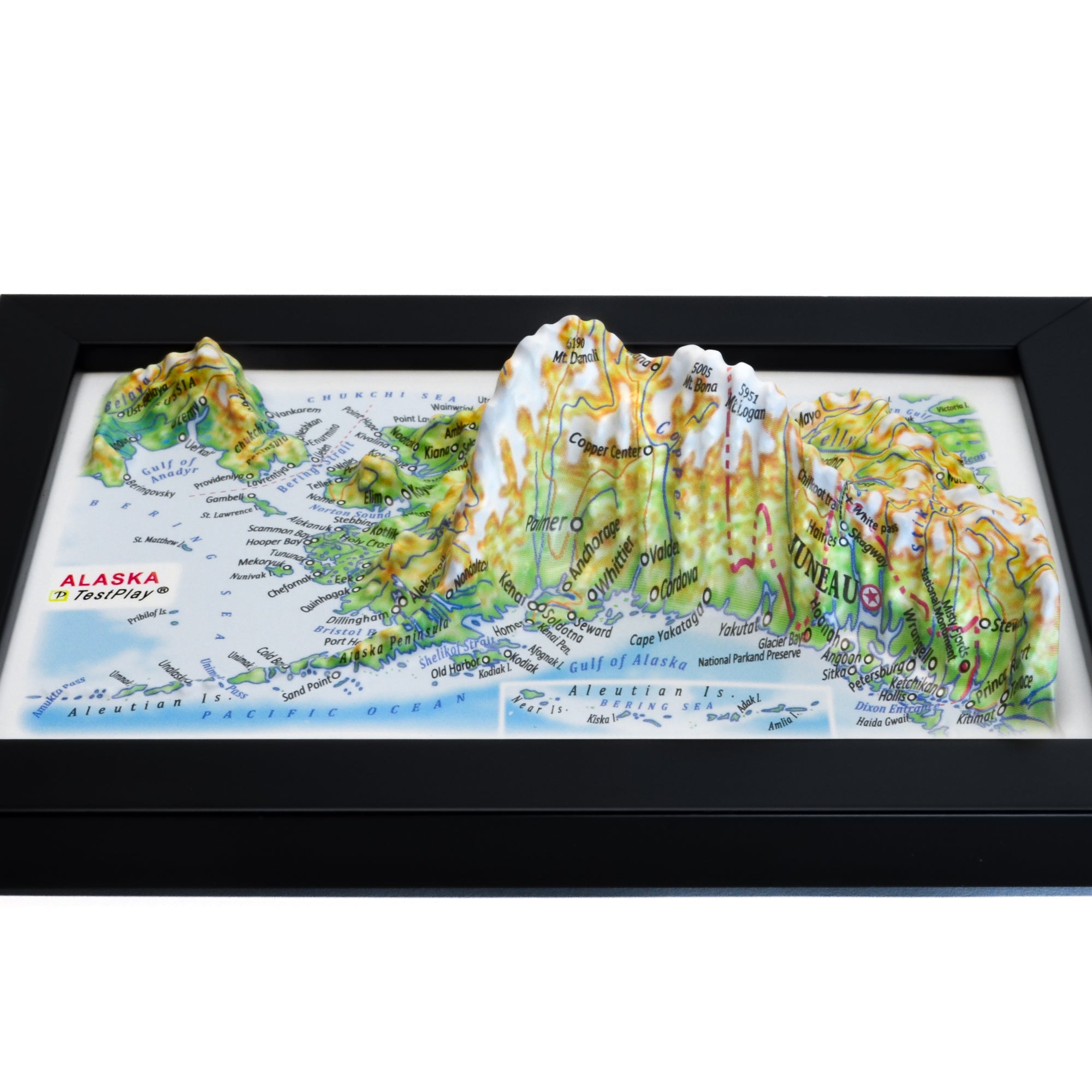 TestPlayNA 3D raised relief map of Alaska showing Mount Denali and mountain ranges