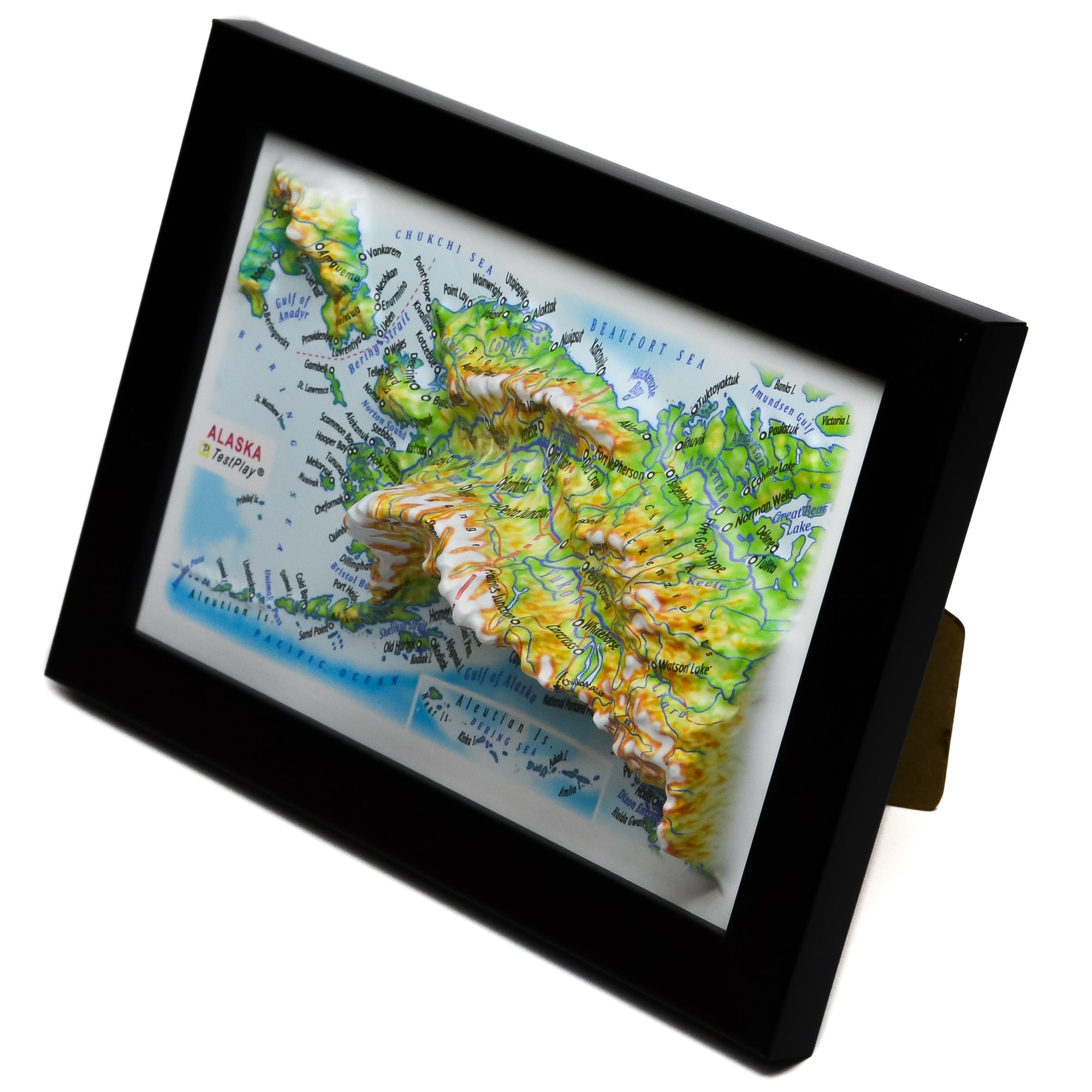TestPlayNA 3D raised relief map of Alaska showing Mount Denali and mountain ranges