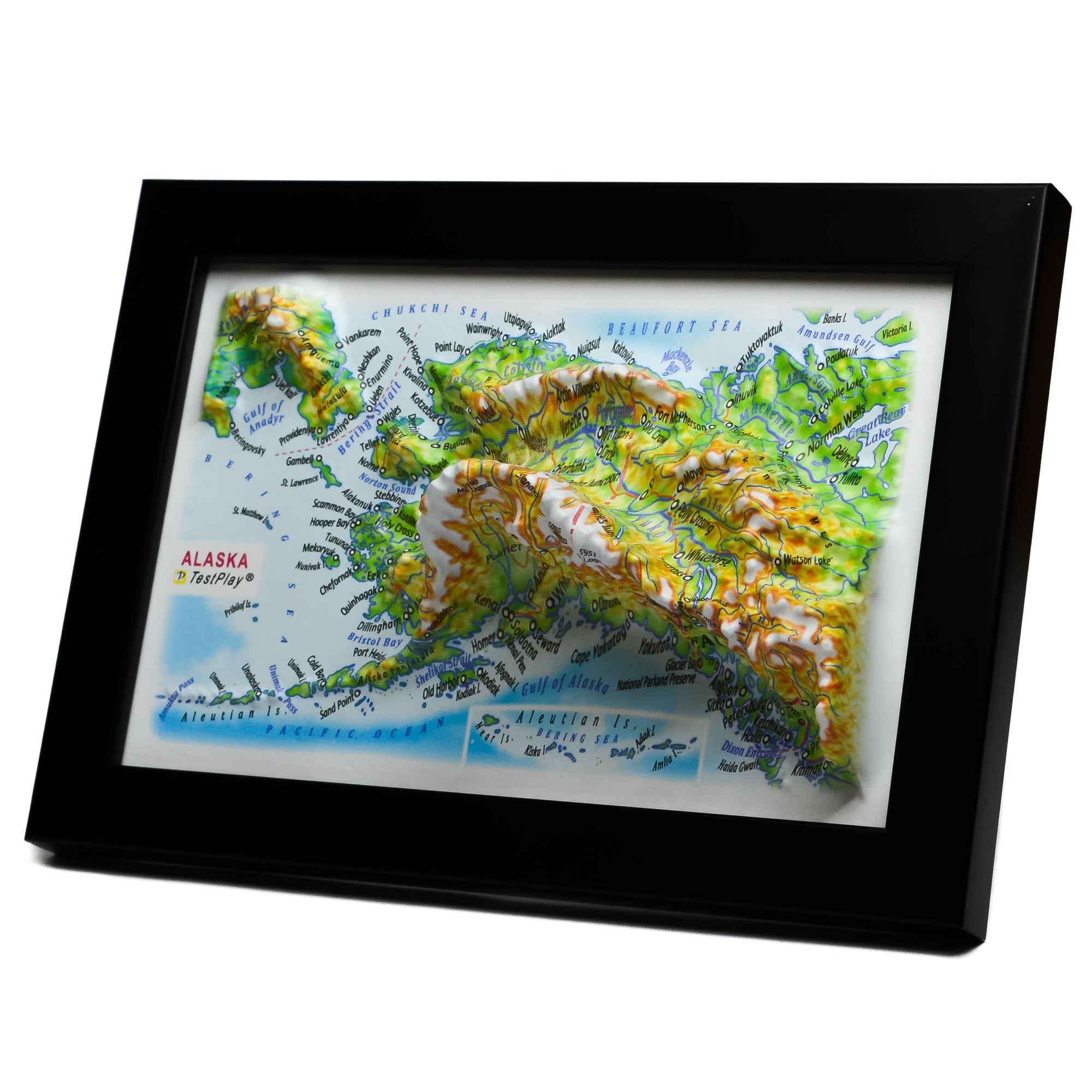 TestPlayNA 3D raised relief map of Alaska showing Mount Denali and mountain ranges