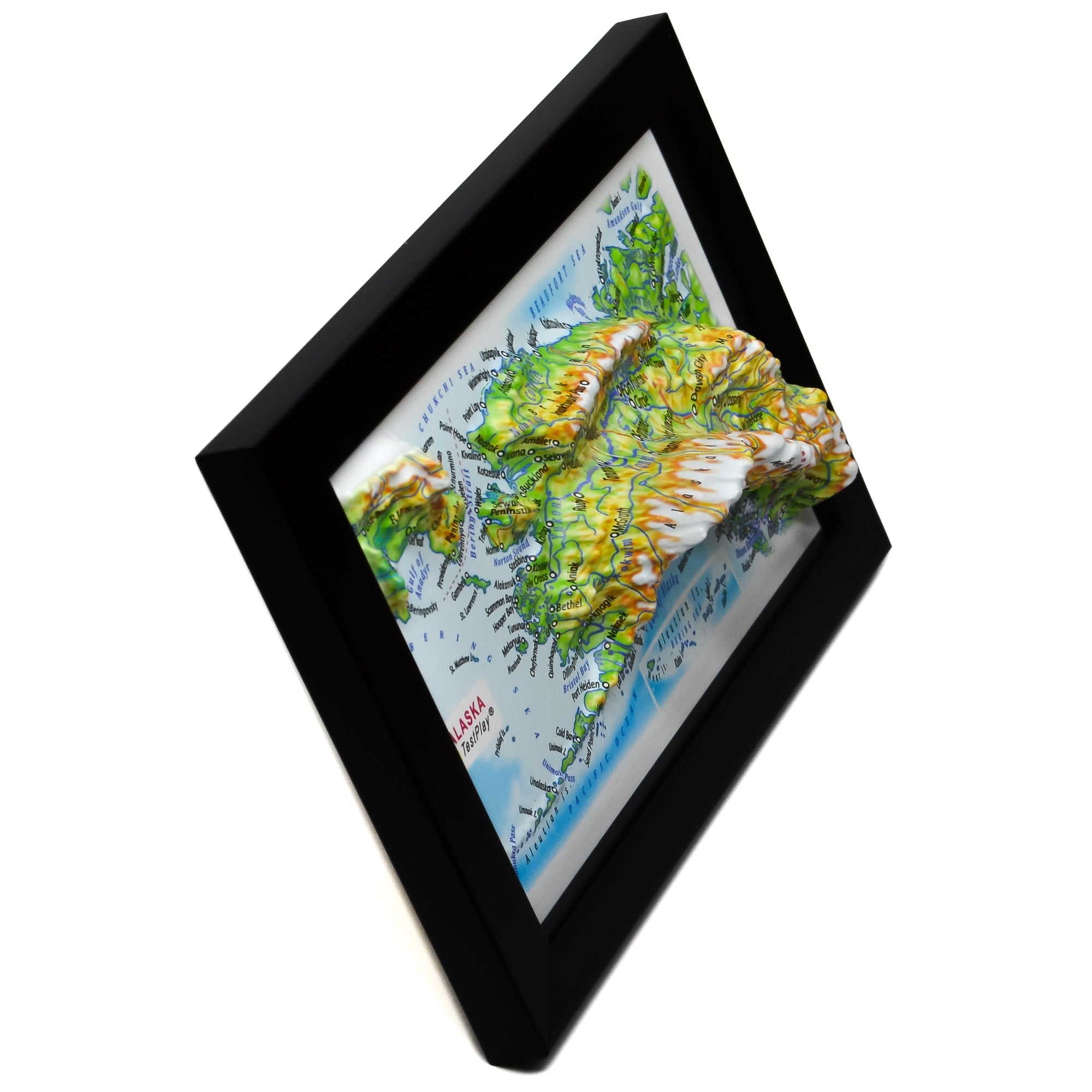 TestPlayNA 3D raised relief map of Alaska showing Mount Denali and mountain ranges