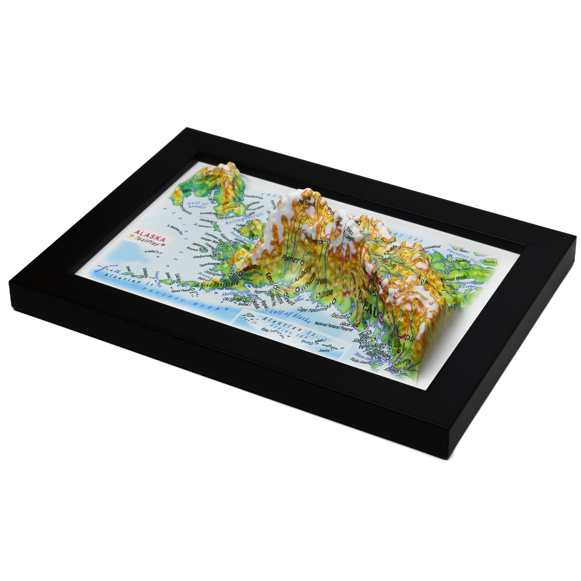 TestPlayNA 3D raised relief map of Alaska showing Mount Denali and mountain ranges