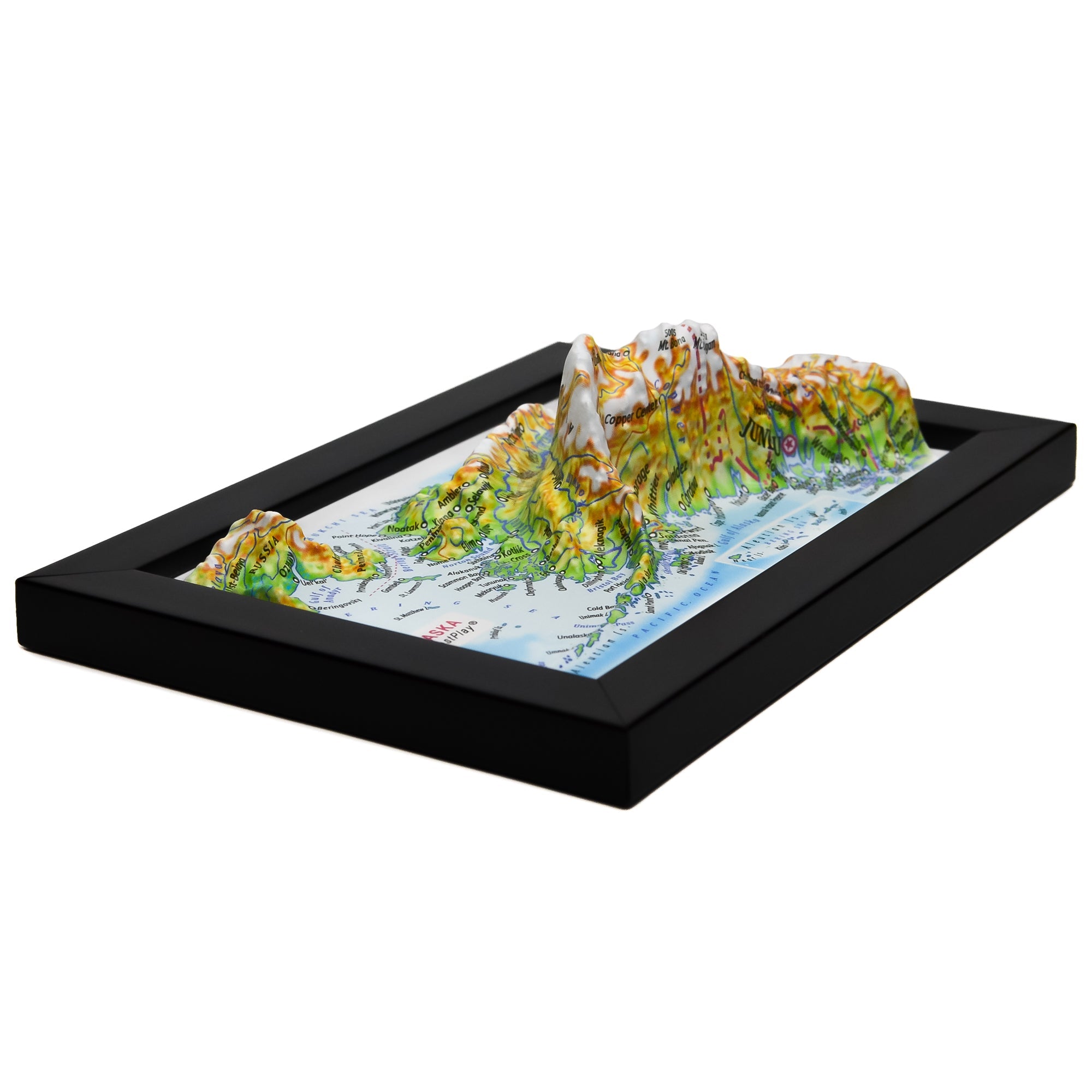 TestPlayNA 3D raised relief map of Alaska showing Mount Denali and mountain ranges