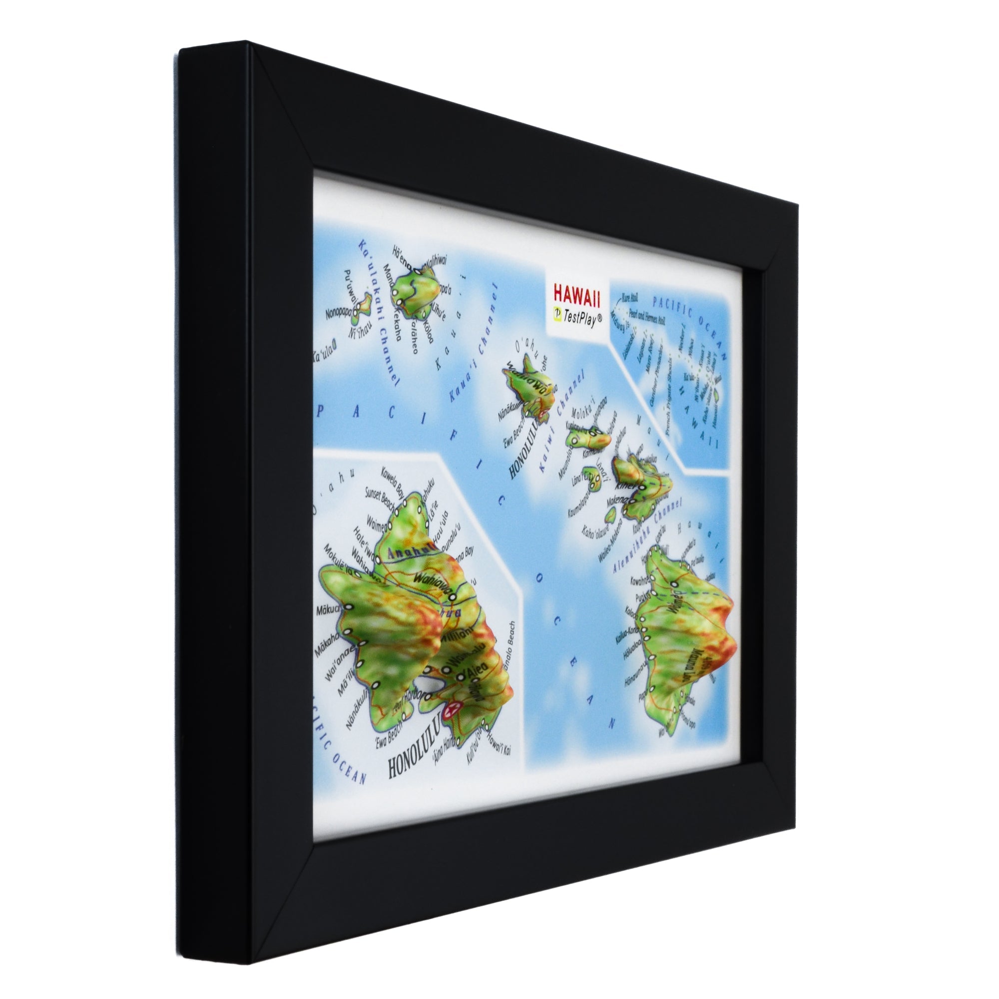 TestPlayNA 3D raised relief map of Hawaii showing the islands, volcanoes, and coastlines