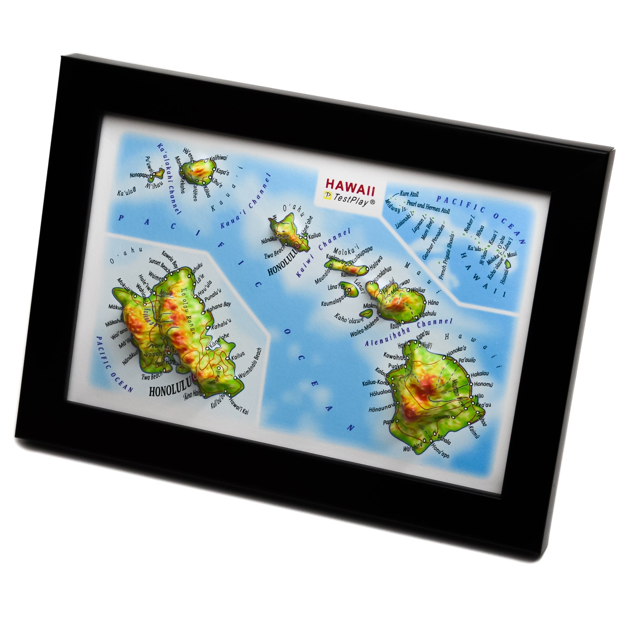 TestPlayNA 3D raised relief map of Hawaii showing the islands, volcanoes, and coastlines