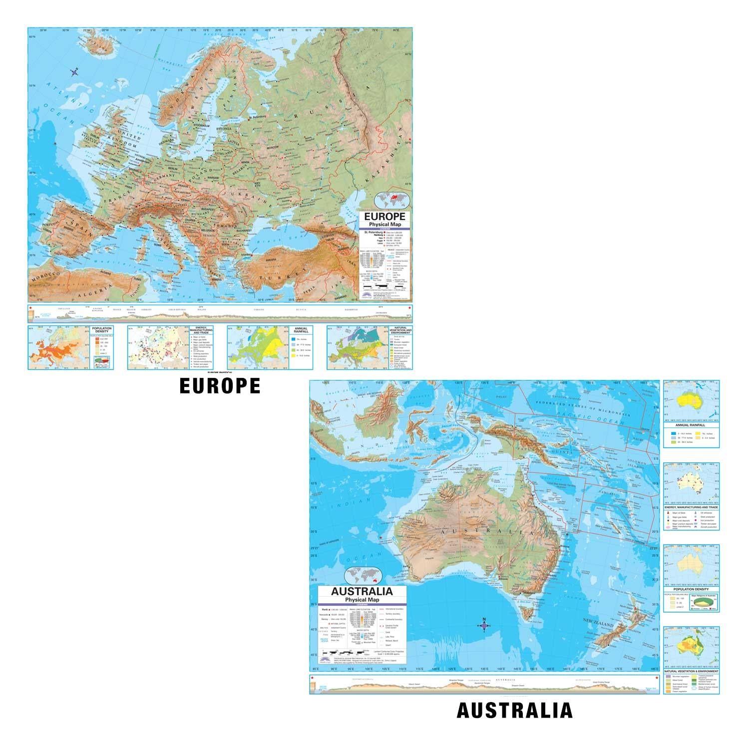 An image of the Advanced Series Custom Physical Spring Roller Set by Kappa, featuring an educational classroom pull-down map set. The set includes multiple detailed maps with vibrant colors and clear labels, showcasing various geographical and physical features. Each map is mounted on a spring roller for easy pull-down and retracting, ideal for classroom use. The sturdy construction and high-quality materials ensure durability and ease of use, making it a valuable educational tool for teaching geography and