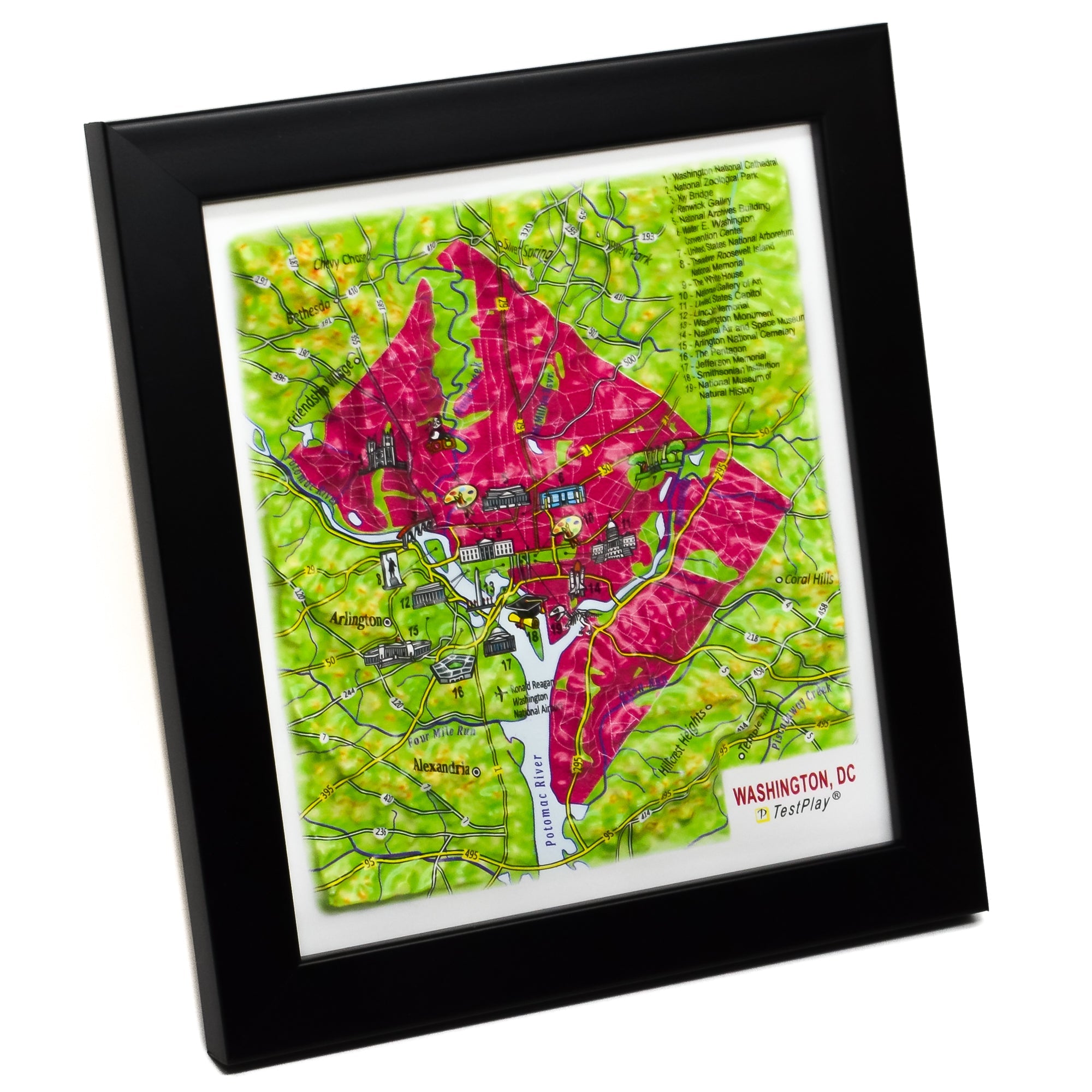 TestPlayNA 3D raised relief map of Washington, DC showing city layout and landmarks