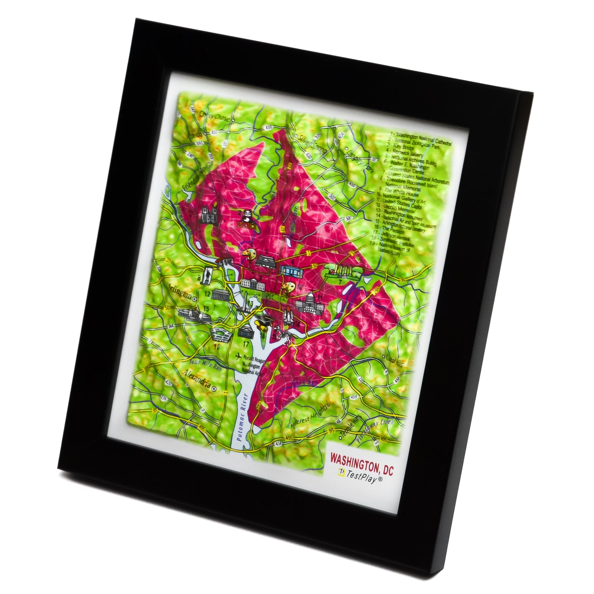 TestPlayNA 3D raised relief map of Washington, DC showing city layout and landmarks