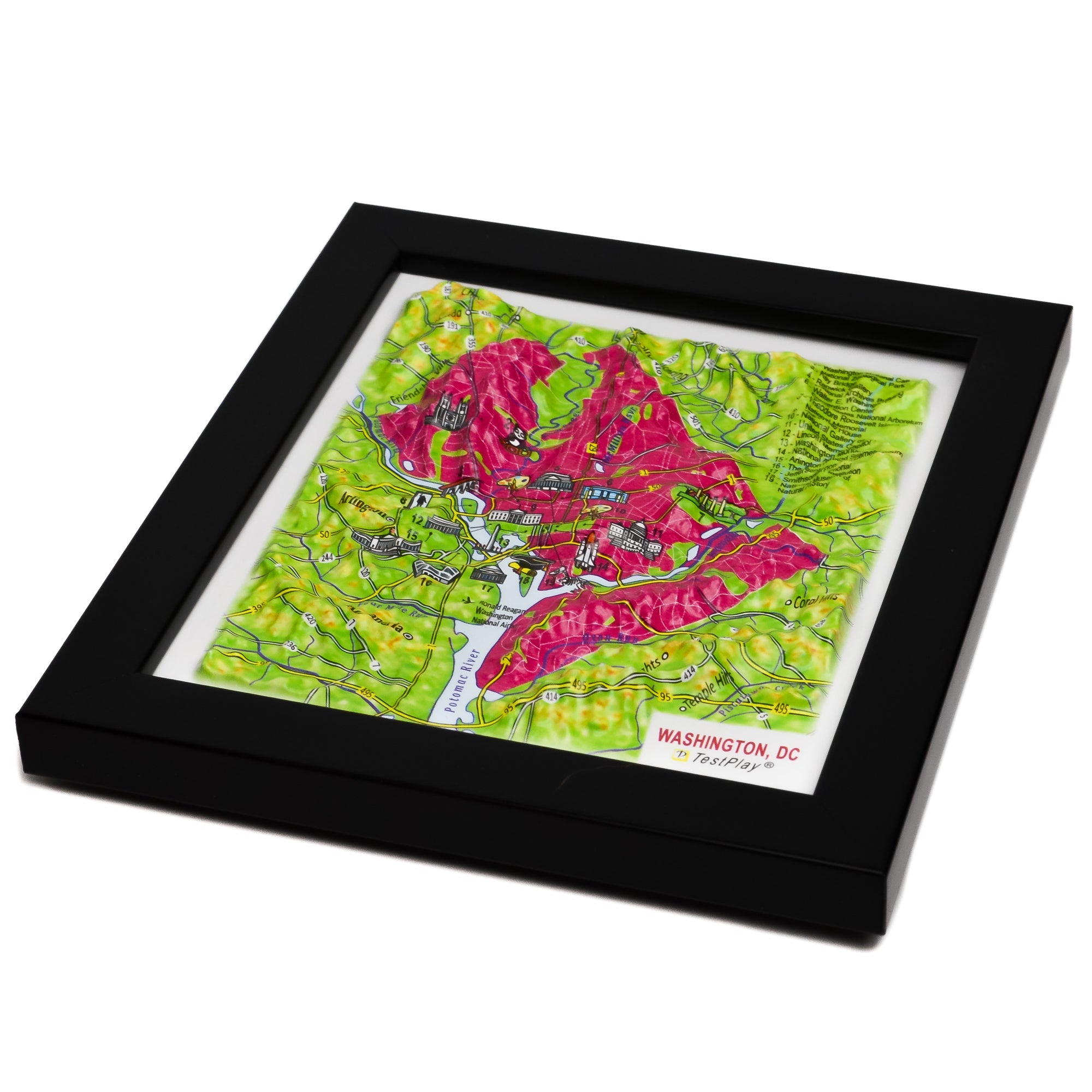 TestPlayNA 3D raised relief map of Washington, DC showing city layout and landmarks